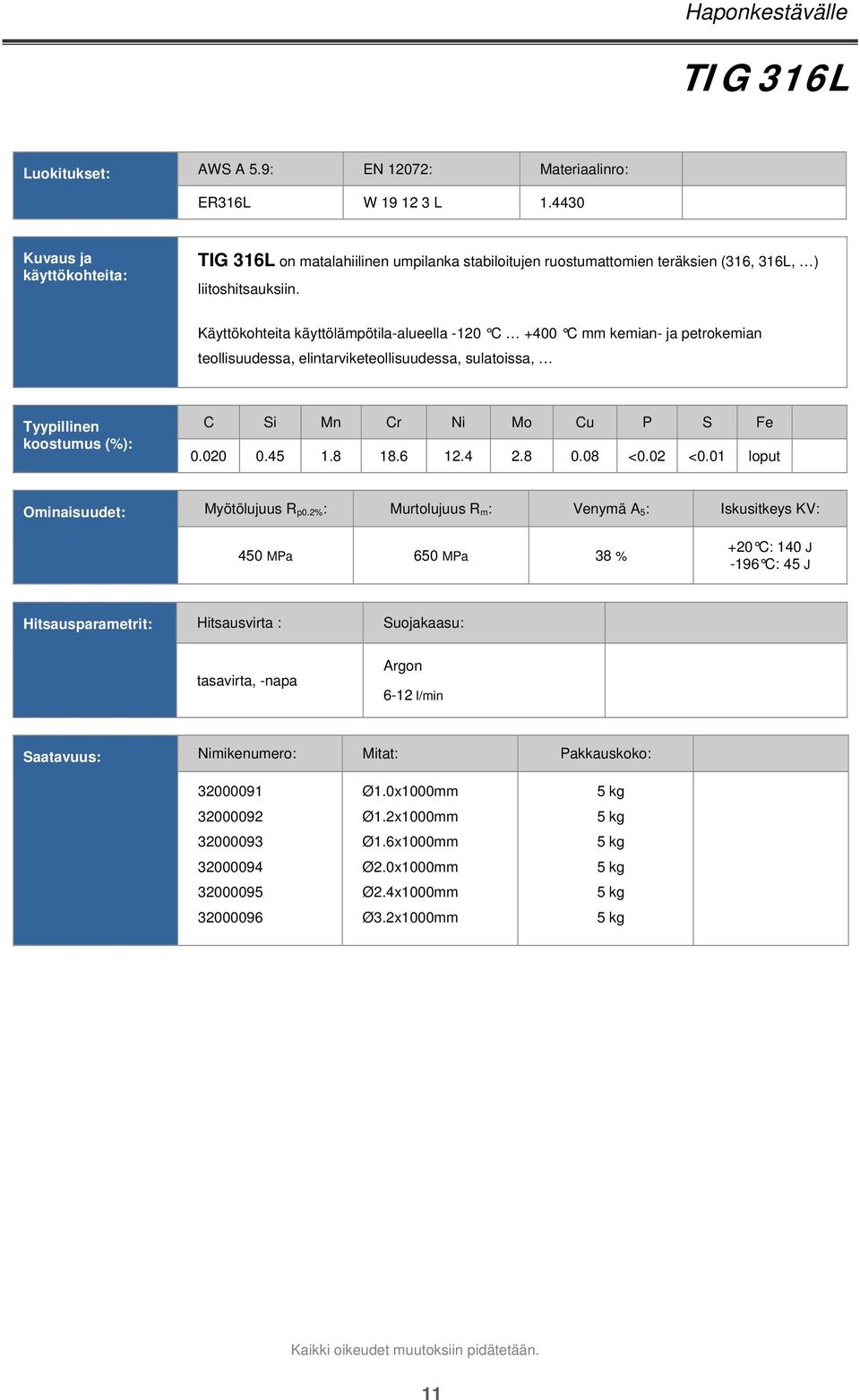 Käyttökohteita käyttölämpötila-alueella -120 C +400 C mm kemian- ja petrokemian teollisuudessa, elintarviketeollisuudessa, sulatoissa, C Si Mn Cr Ni Mo Cu P S