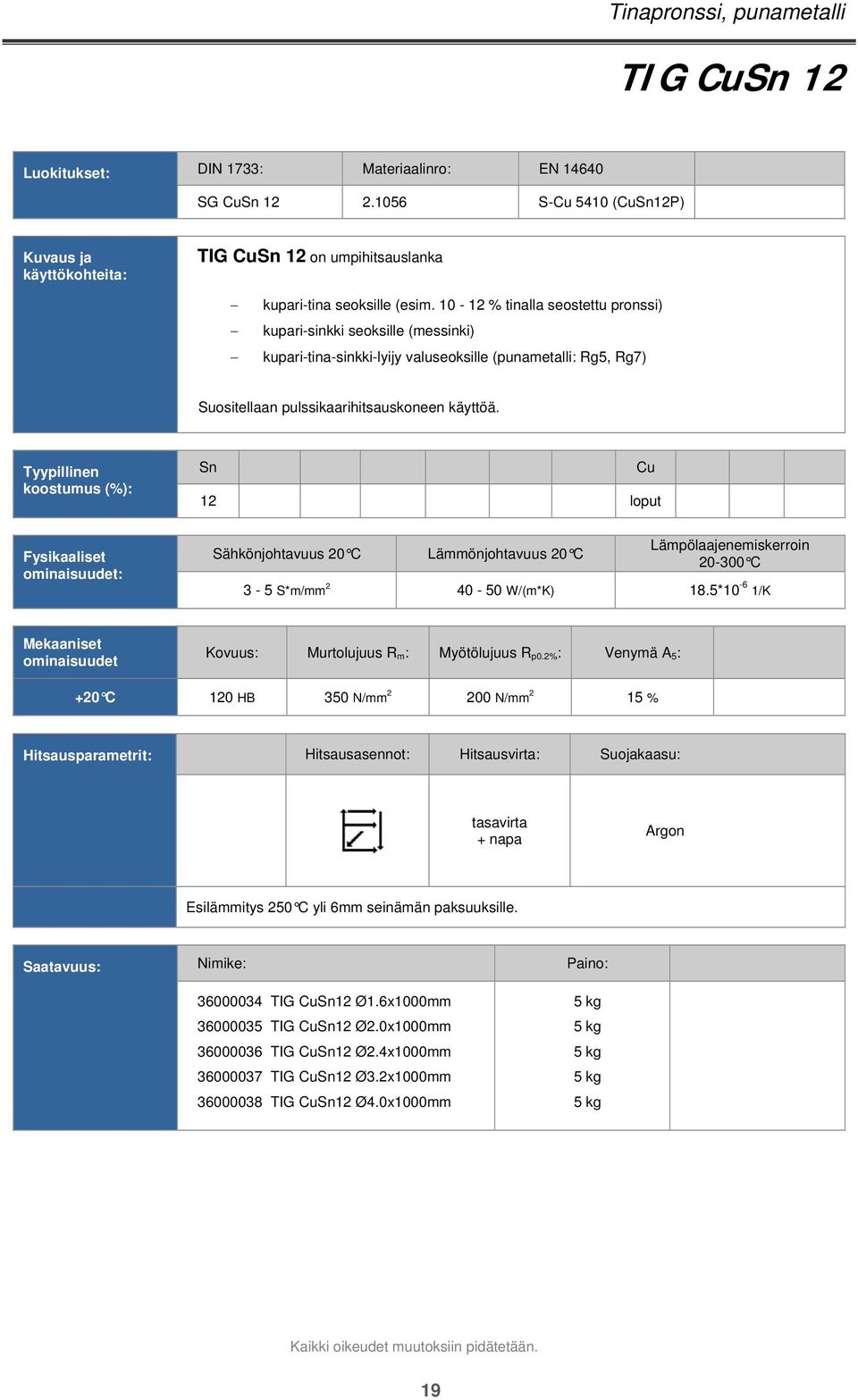 Sn 12 loput Cu Fysikaaliset ominaisuudet: Sähkönjohtavuus 20 C Lämmönjohtavuus 20 C Lämpölaajenemiskerroin 20-300 C 3-5 S*m/mm 2 40-50 W/(m*K) 18.