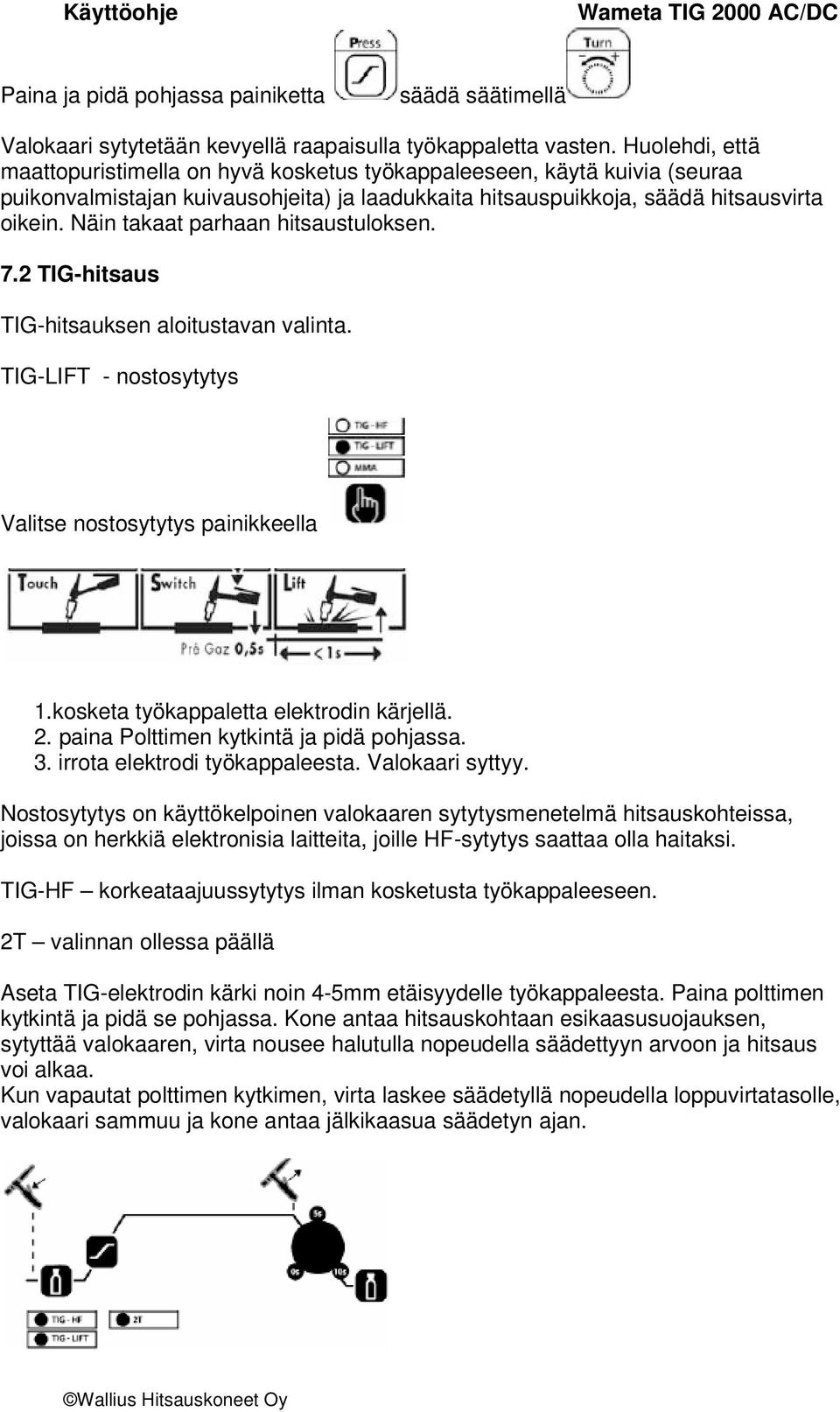 Näin takaat parhaan hitsaustuloksen. 7.2 TIG-hitsaus TIG-hitsauksen aloitustavan valinta. TIG-LIFT - nostosytytys Valitse nostosytytys painikkeella 1. kosketa työkappaletta elektrodin kärjellä. 2.