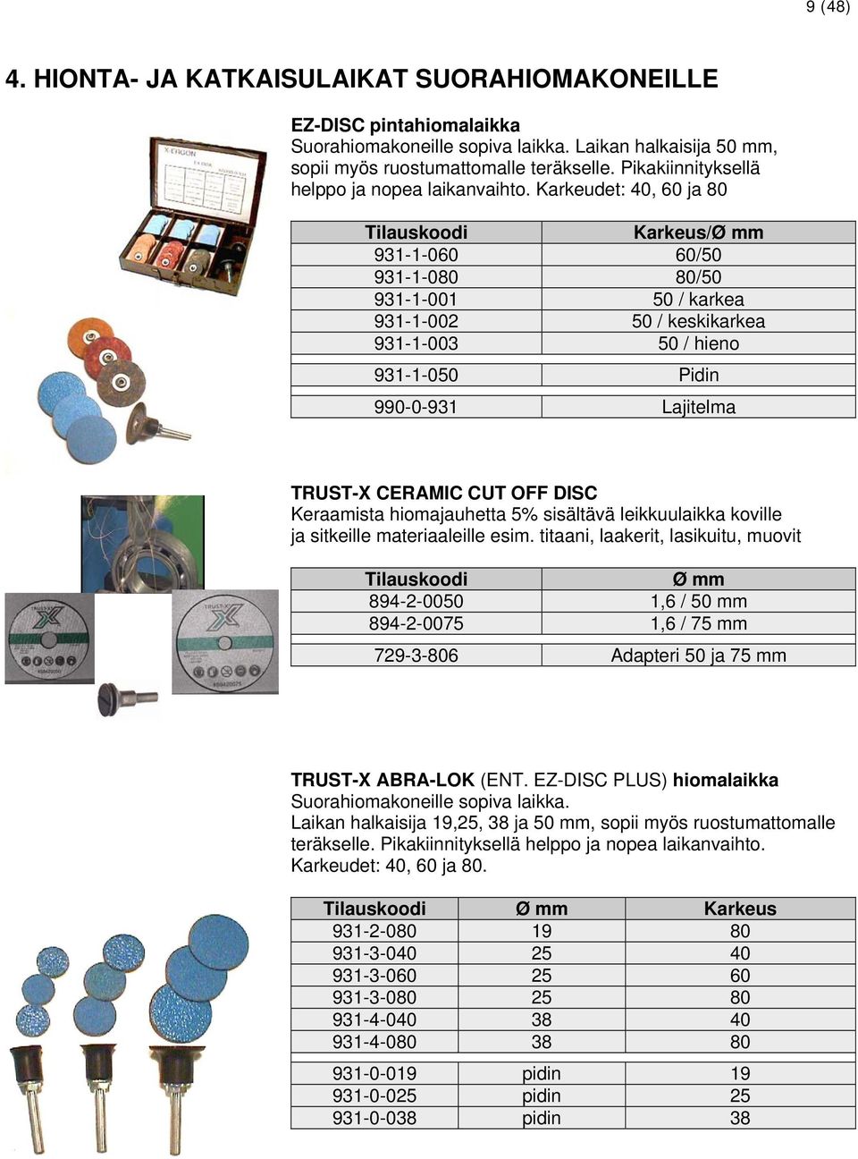 Karkeudet: 40, 60 ja 80 Karkeus/Ø mm 931-1-060 60/50 931-1-080 80/50 931-1-001 50 / karkea 931-1-002 50 / keskikarkea 931-1-003 50 / hieno 931-1-050 Pidin 990-0-931 Lajitelma TRUST-X CERAMIC CUT OFF