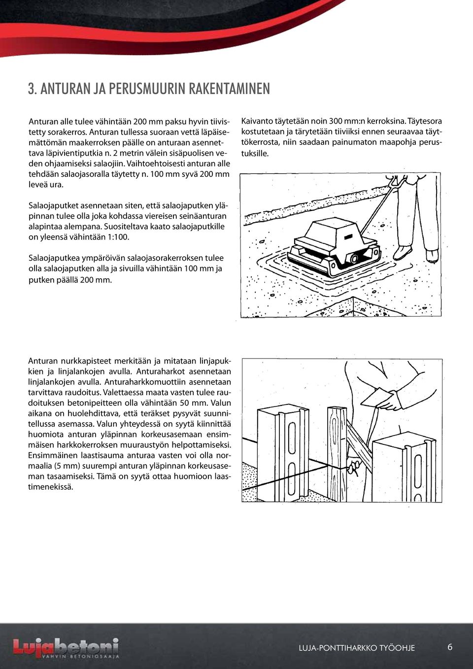 Vaihtoehtoisesti anturan alle tehdään salaojasoralla täytetty n. 100 mm syvä 200 mm leveä ura. Kaivanto täytetään noin 300 mm:n kerroksina.