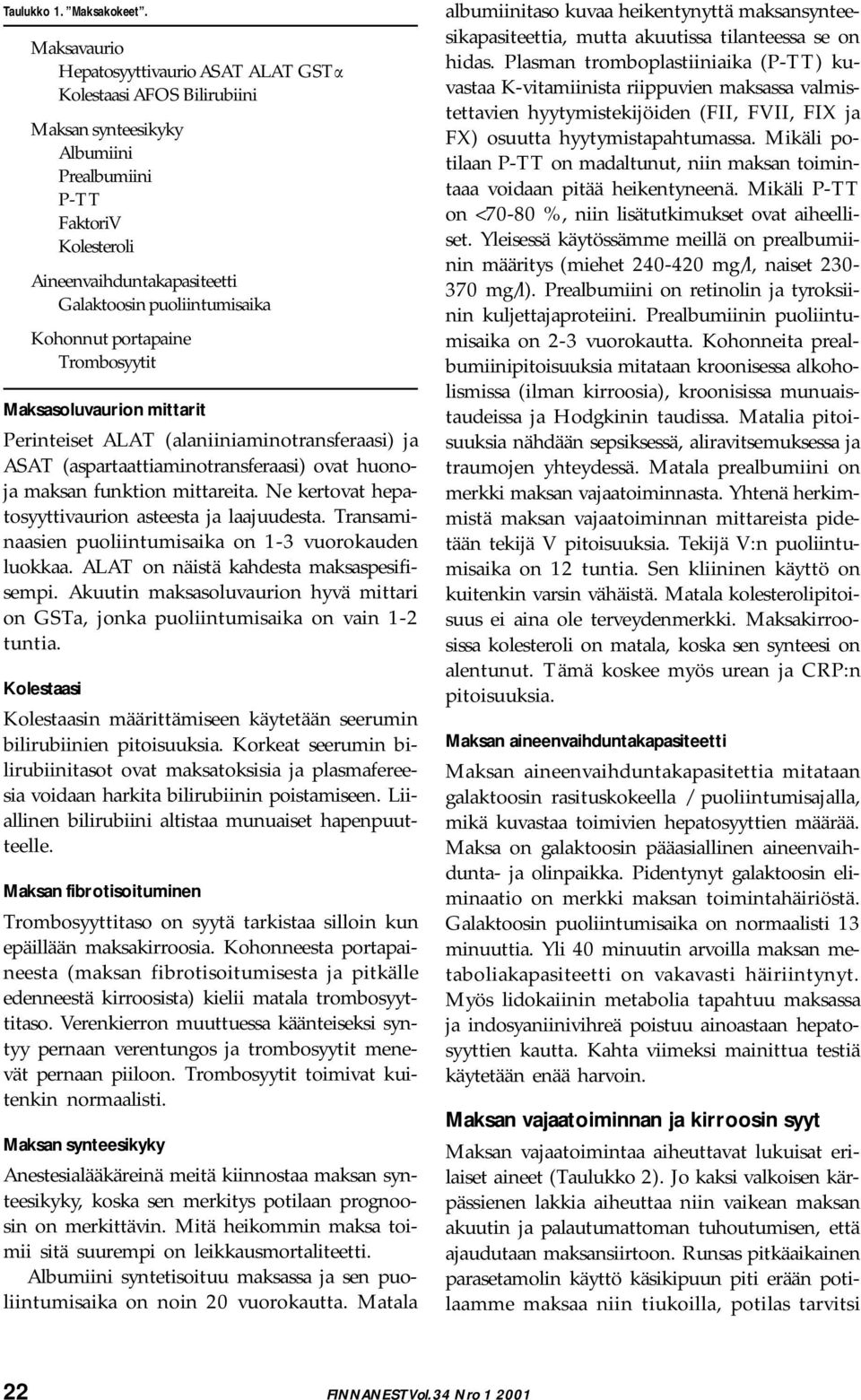 Kohonnut portapaine Trombosyytit Maksasoluvaurion mittarit Perinteiset ALAT (alaniiniaminotransferaasi) ja ASAT (aspartaattiaminotransferaasi) ovat huonoja maksan funktion mittareita.