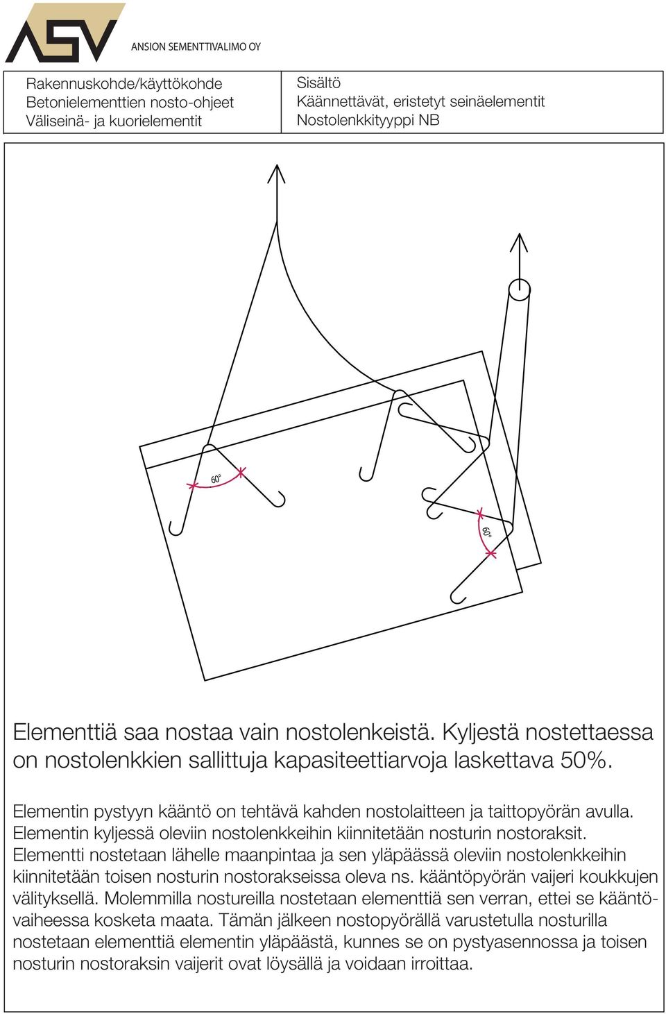 Elementin kyljessä oleviin nostolenkkeihin kiinnitetään nosturin nostoraksit.