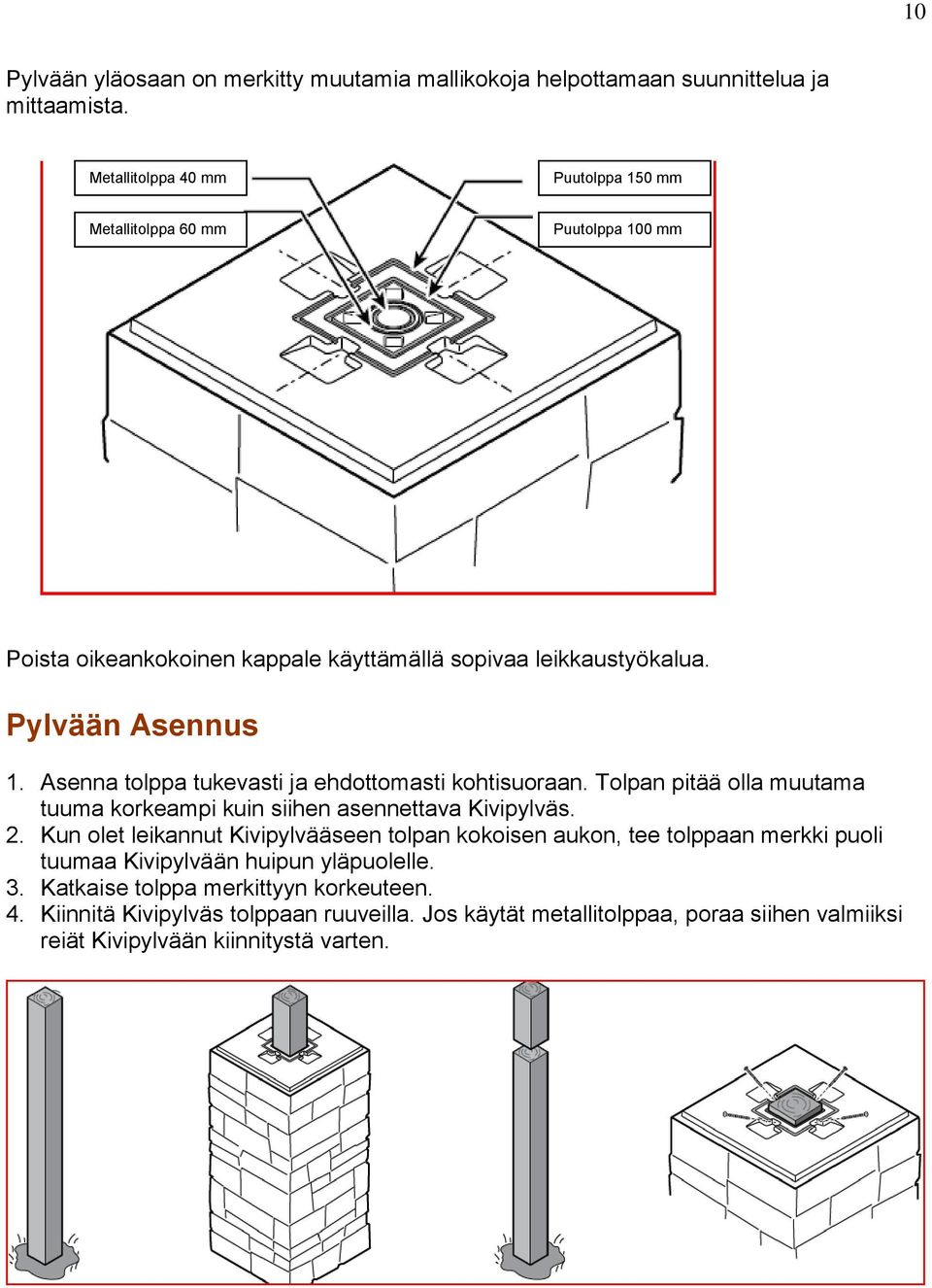 Asenna tolppa tukevasti ja ehdottomasti kohtisuoraan. Tolpan pitää olla muutama tuuma korkeampi kuin siihen asennettava Kivipylväs. 2.