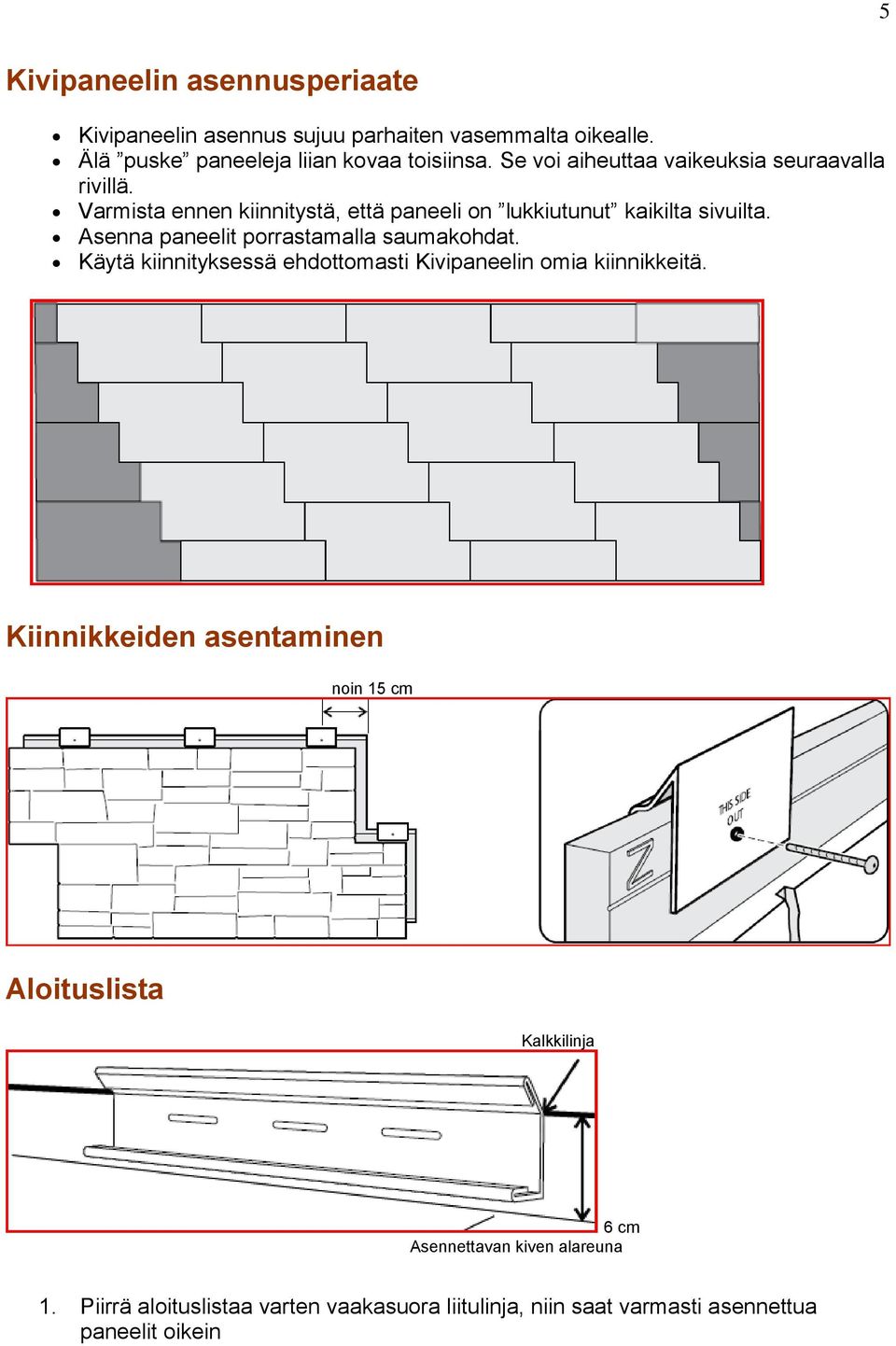 Asenna paneelit porrastamalla saumakohdat. Käytä kiinnityksessä ehdottomasti Kivipaneelin omia kiinnikkeitä.