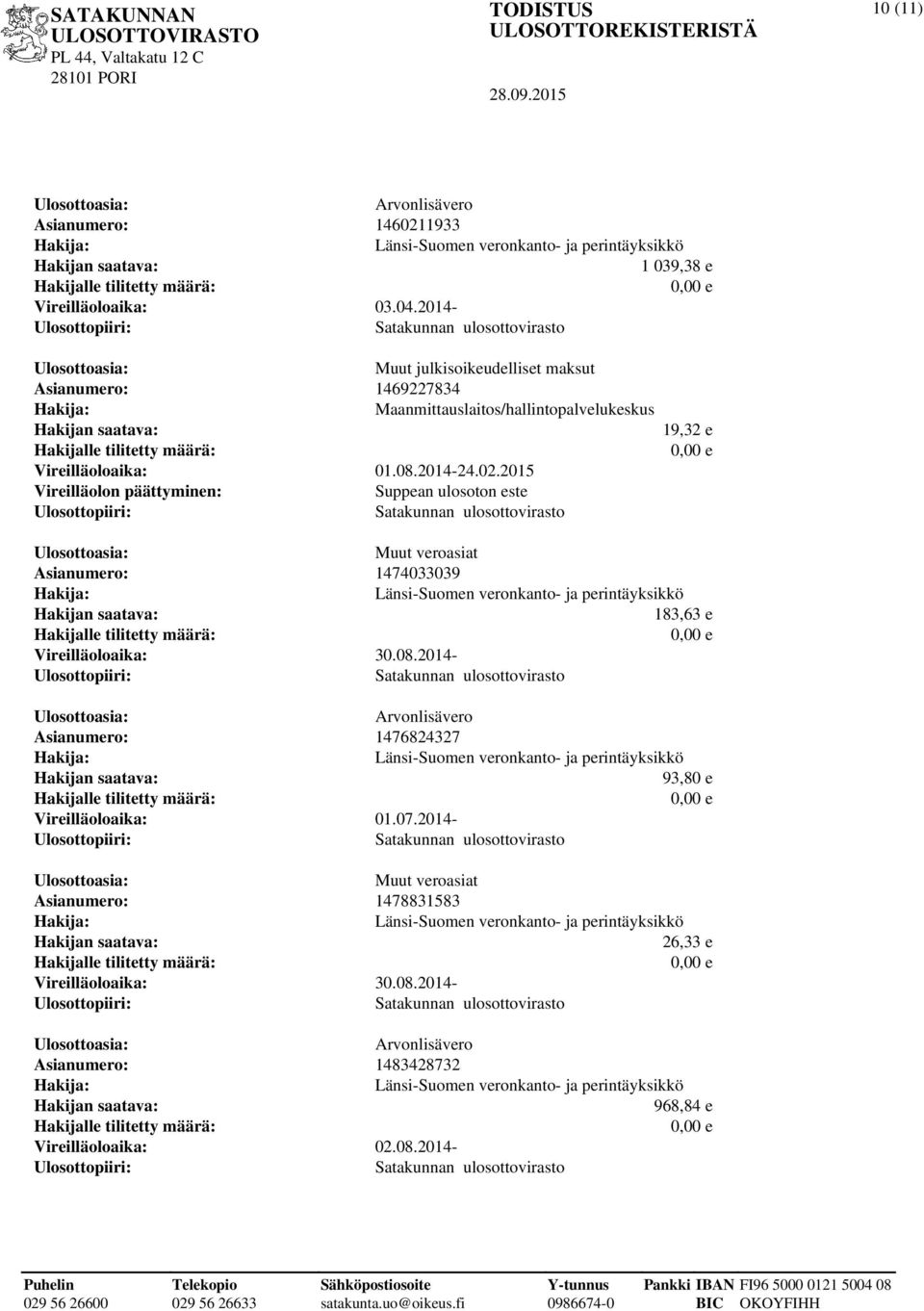 2014-24.02.2015 Suppean ulosoton este 19,32 e Muut veroasiat Asianumero: 1474033039 183,63 e Vireilläoloaika: 30.08.