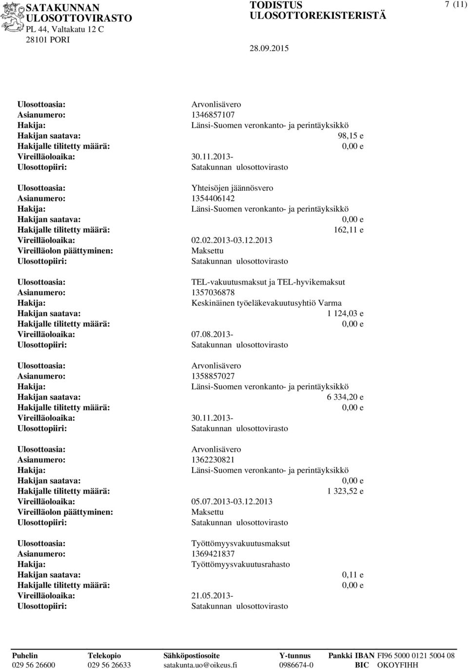 2013 TEL-vakuutusmaksut ja TEL-hyvikemaksut Asianumero: 1357036878 Keskinäinen työeläkevakuutusyhtiö Varma 1 124,03 e