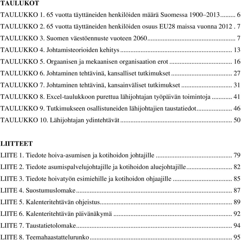 Johtaminen tehtävinä, kansalliset tutkimukset... 27 TAULUKKO 7. Johtaminen tehtävinä, kansainväliset tutkimukset... 31 TAULUKKO 8. Excel-taulukkoon purettua lähijohtajan työpäivän toimintoja.