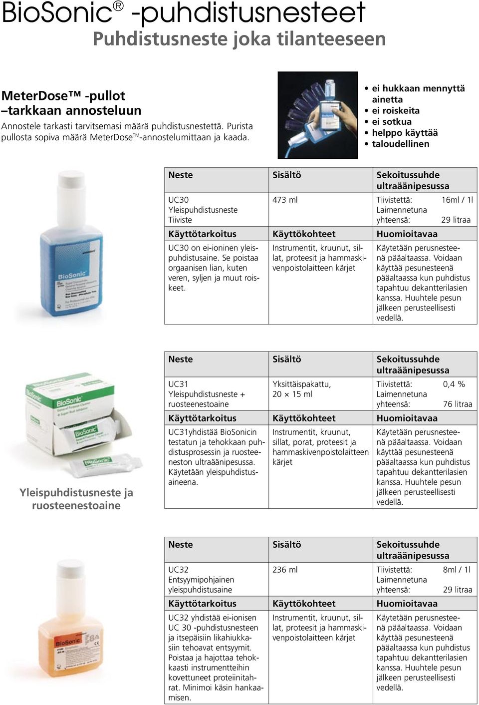 ei hukkaan mennyttä ainetta ei roiskeita ei sotkua helppo käyttää taloudellinen UC30 473 ml Tiivistettä: 16ml / 1l Yleispuhdistusneste Tiiviste Laimennetuna yhteensä: 29 litraa UC30 on ei-ioninen