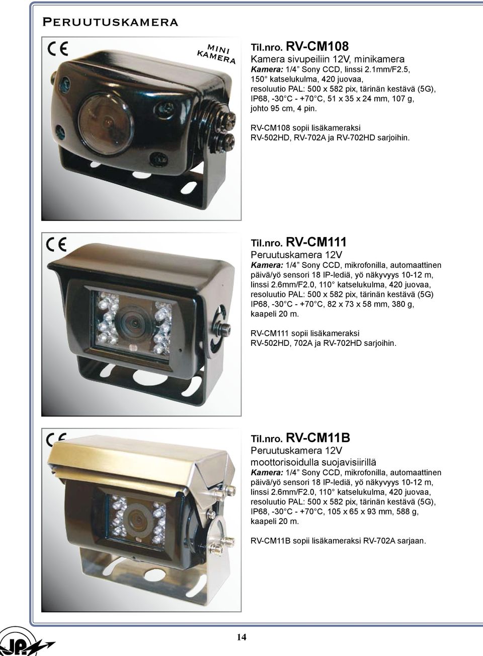RV-CM108 sopii lisäkameraksi RV-502HD, RV-702A ja RV-702HD sarjoihin. Til.nro.