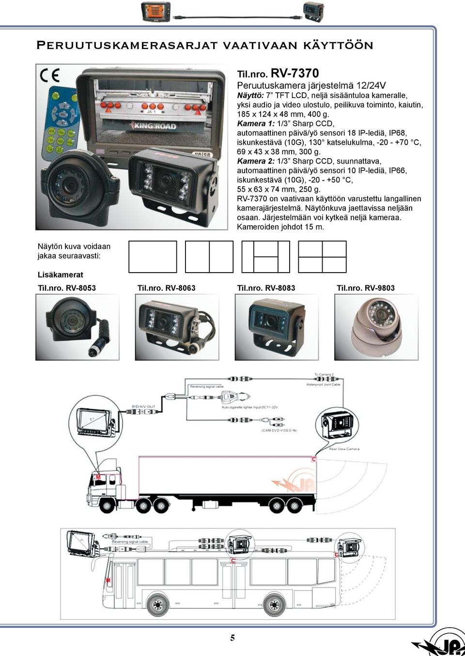 Kamera 1: 1/3 Sharp CCD, automaattinen päivä/yö sensori 18 IP-lediä, IP68, iskunkestävä (10G), 130 katselukulma, -20 - +70 C, 69 x 43 x 38 mm, 300 g.