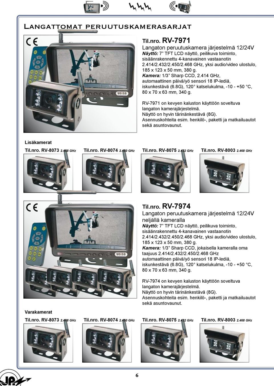 8G), 120 katselukulma, -10 - +50 C, 80 x 70 x 63 mm, 340 g. RV-7971 on kevyen kaluston käyttöön soveltuva langaton kamerajärjestelmä. Näyttö on hyvin tärinänkestävä (8G). Asennuskohteita esim.
