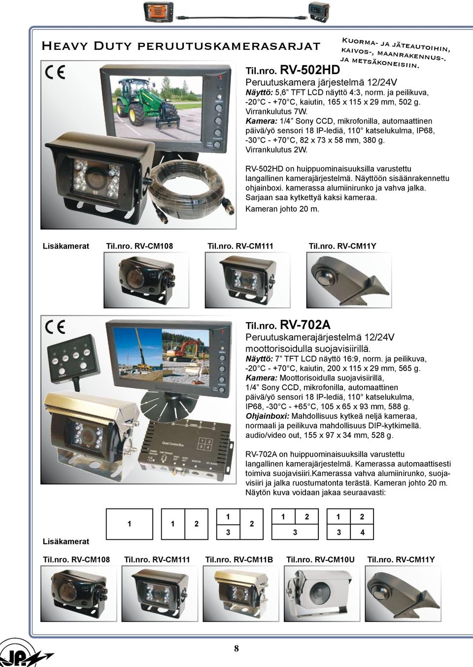 Kamera: 1/4 Sony CCD, mikrofonilla, automaattinen päivä/yö sensori 18 IP-lediä, 110 katselukulma, IP68, -30 C - +70 C, 82 x 73 x 58 mm, 380 g. Virrankulutus 2W.