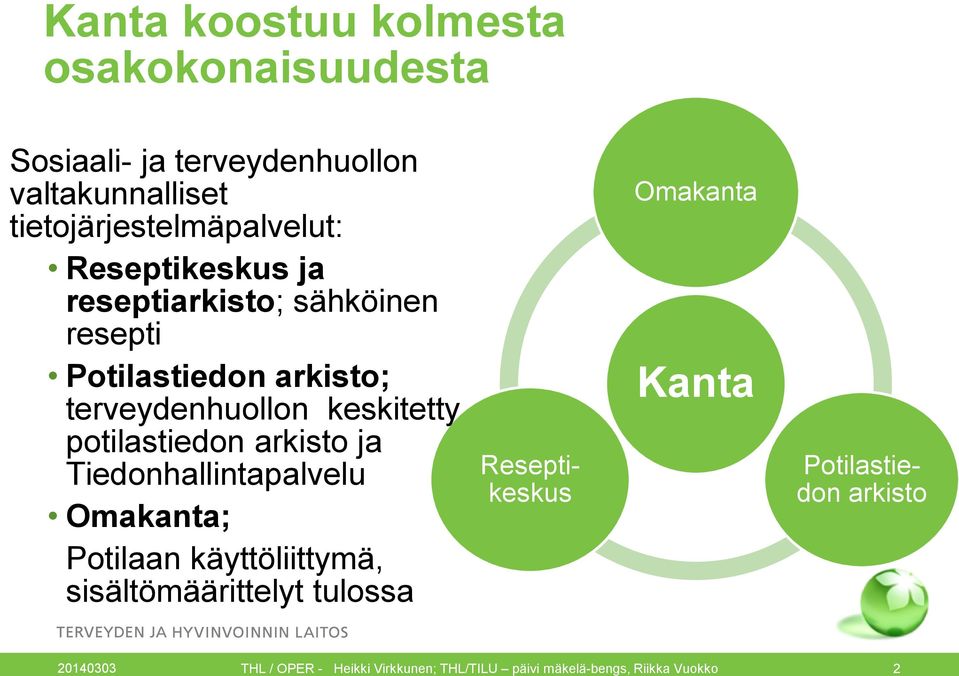 arkisto ja Tiedonhallintapalvelu Omakanta; Potilaan käyttöliittymä, sisältömäärittelyt tulossa Reseptikeskus