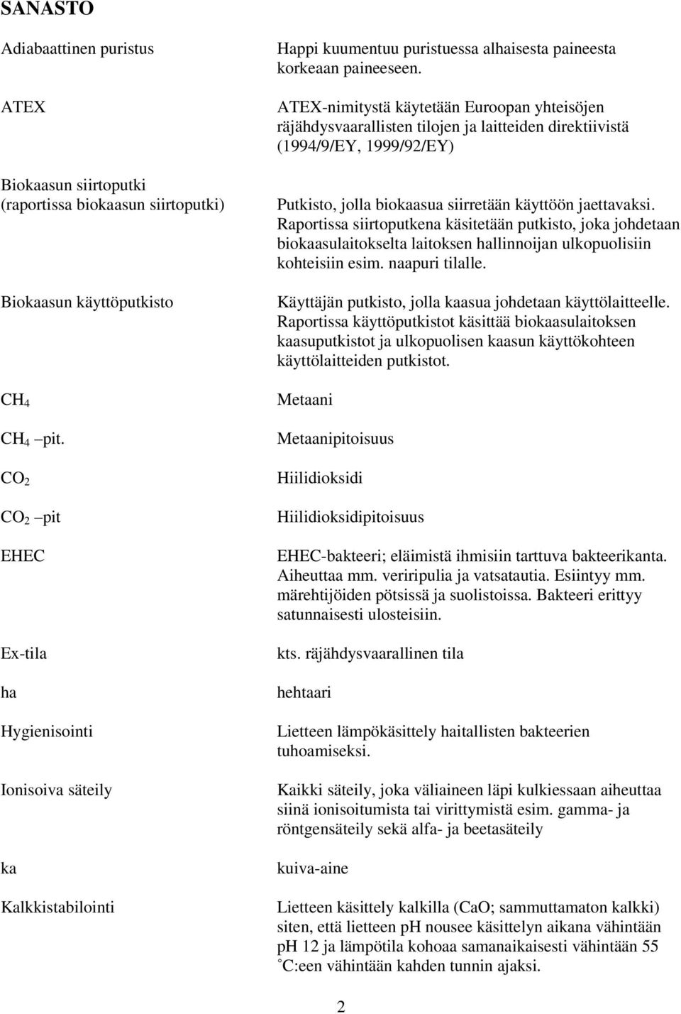 ATEX-nimitystä käytetään Euroopan yhteisöjen räjähdysvaarallisten tilojen ja laitteiden direktiivistä (1994/9/EY, 1999/92/EY) Putkisto, jolla biokaasua siirretään käyttöön jaettavaksi.