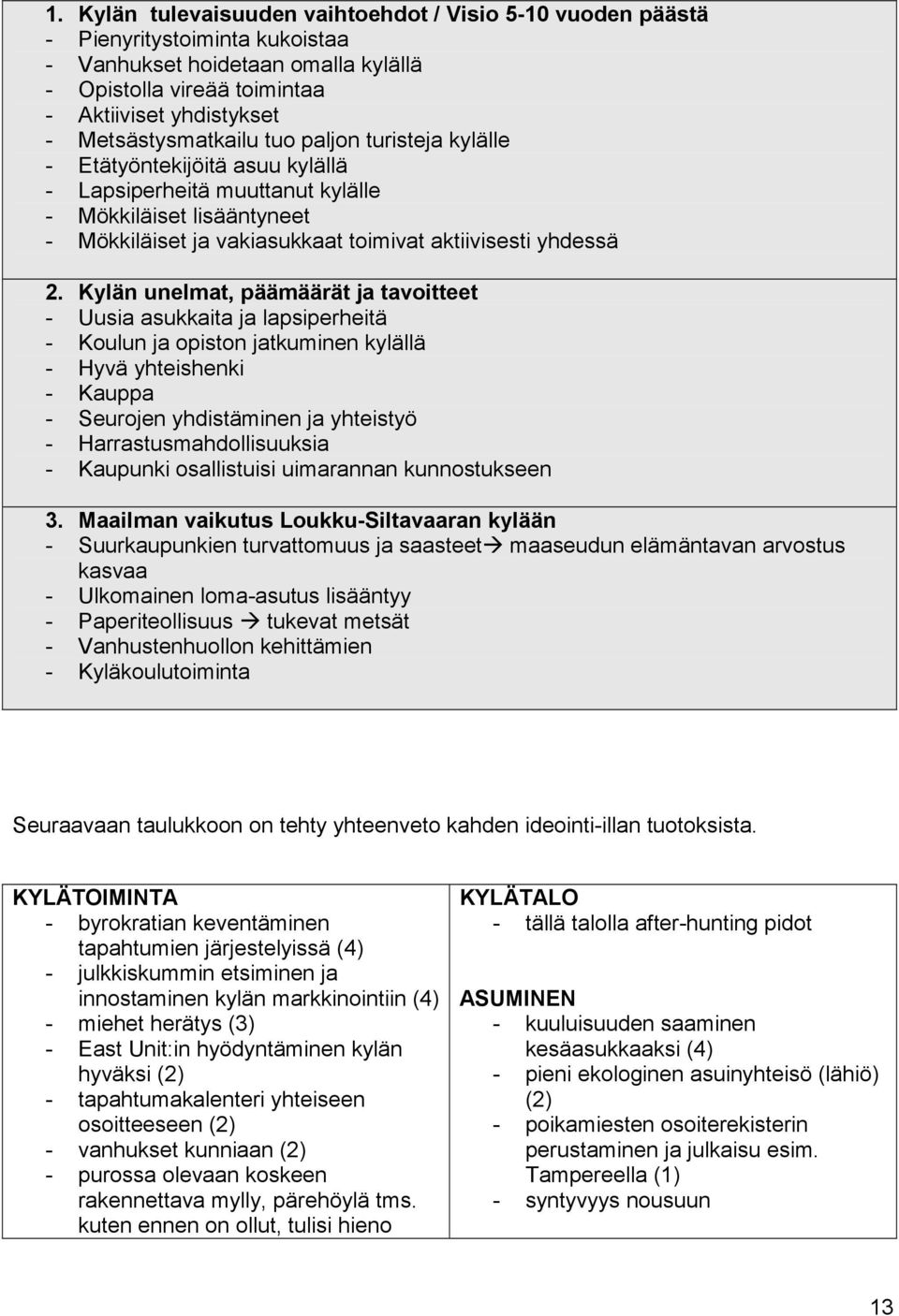 2. Kylän unelmat, päämäärät ja tavoitteet - Uusia asukkaita ja lapsiperheitä - Koulun ja opiston jatkuminen kylällä - Hyvä yhteishenki - Kauppa - Seurojen yhdistäminen ja yhteistyö -