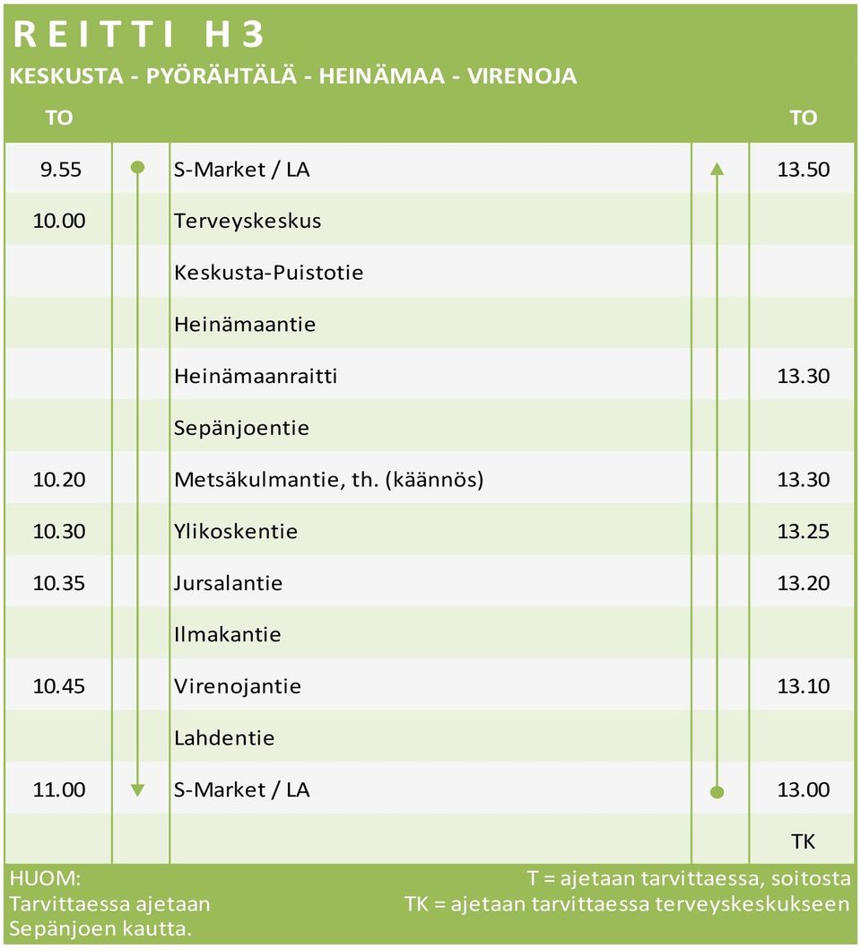 20 Metsäkulmantie, th. (käännös) 13.30 10.30 Ylikoskentie 13.25 10.35 Jursalantie 13.20 Ilmakantie 10.