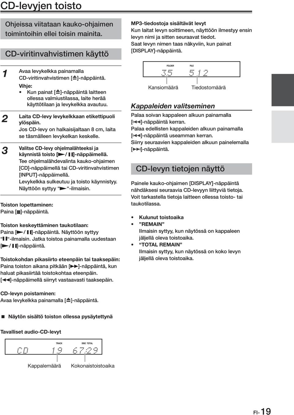 Vihje: Pressing [0] button while CD receiver is on Total Playing Kun CDs Standby will turn on CD receiver and open Kansiomäärä number of folders Tiedostomäärä Total number of files painat [