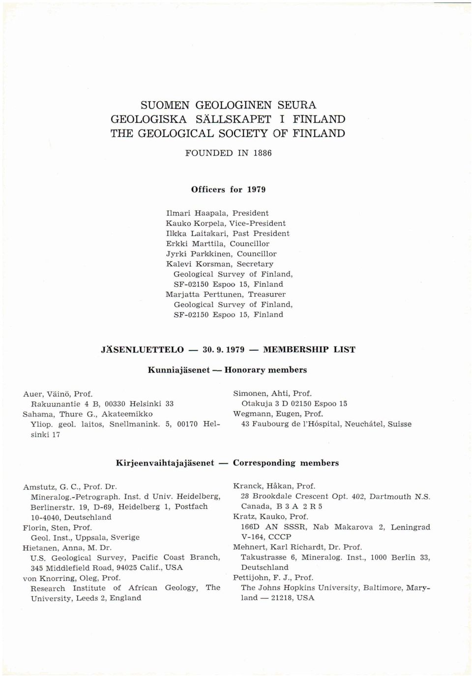 Survey of Finland, SF-02150 Espoo 15, Finland JÄSENLUETTELO 30. 9. 1979 MEMBERSHIP LIST Kunniajäsenet Honorary members Auer, Väinö, Prof. Rakuunantie 4 B, 00330 Helsinki 33 Sahama, Thure G.