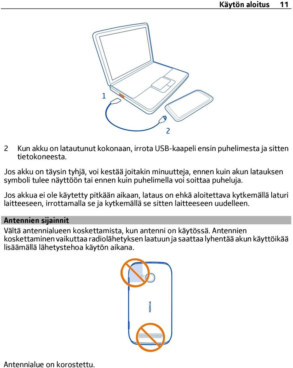 Jos akkua ei ole käytetty pitkään aikaan, lataus on ehkä aloitettava kytkemällä laturi laitteeseen, irrottamalla se ja kytkemällä se sitten laitteeseen uudelleen.