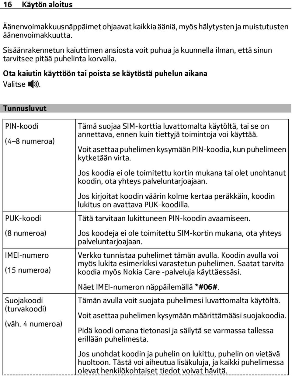 Tunnusluvut PIN-koodi (4 8 numeroa) PUK-koodi (8 numeroa) IMEI-numero (15 numeroa) Suojakoodi (turvakoodi) (väh.