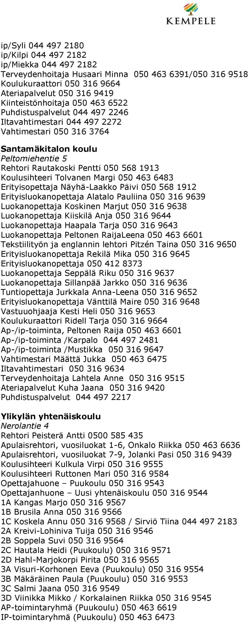 Margi 050 463 6483 Erityisopettaja Näyhä-Laakko Päivi 050 568 1912 Erityisluokanopettaja Alatalo Pauliina 050 316 9639 Luokanopettaja Koskinen Marjut 050 316 9638 Luokanopettaja Kiiskilä Anja 050 316