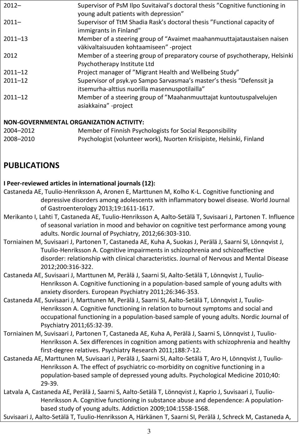 psychotherapy, Helsinki Psychotherapy Institute Ltd 2011 12 Project manager of Migrant Health and Wellbeing Study 2011 12 Supervisor of psyk.