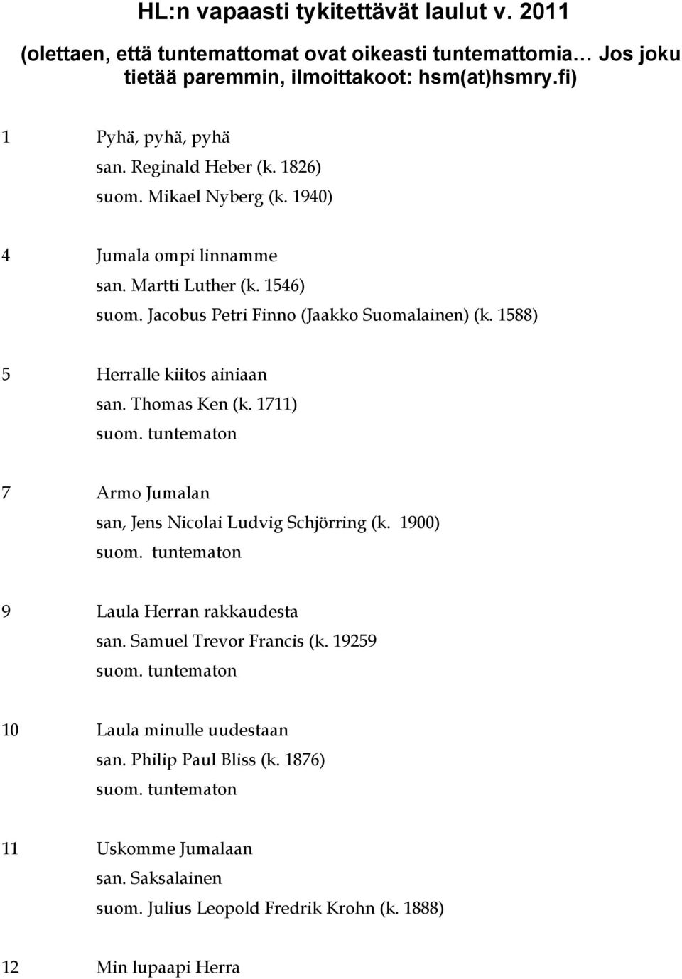 Jacobus Petri Finno (Jaakko Suomalainen) (k. 1588) 5 Herralle kiitos ainiaan san. Thomas Ken (k. 1711) 7 Armo Jumalan san, Jens Nicolai Ludvig Schjörring (k.