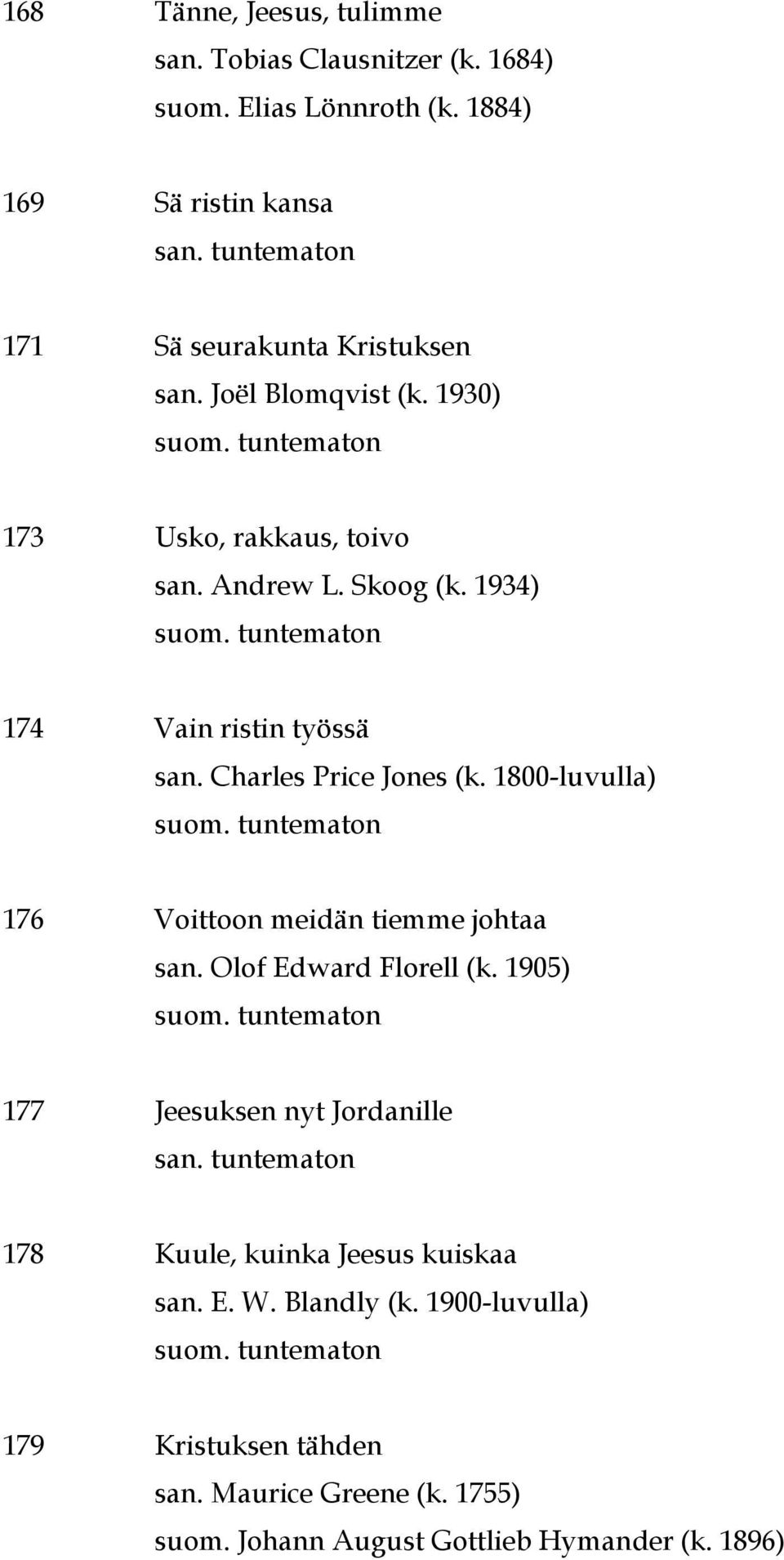 1934) 174 Vain ristin työssä san. Charles Price Jones (k. 1800-luvulla) 176 Voittoon meidän tiemme johtaa san. Olof Edward Florell (k.