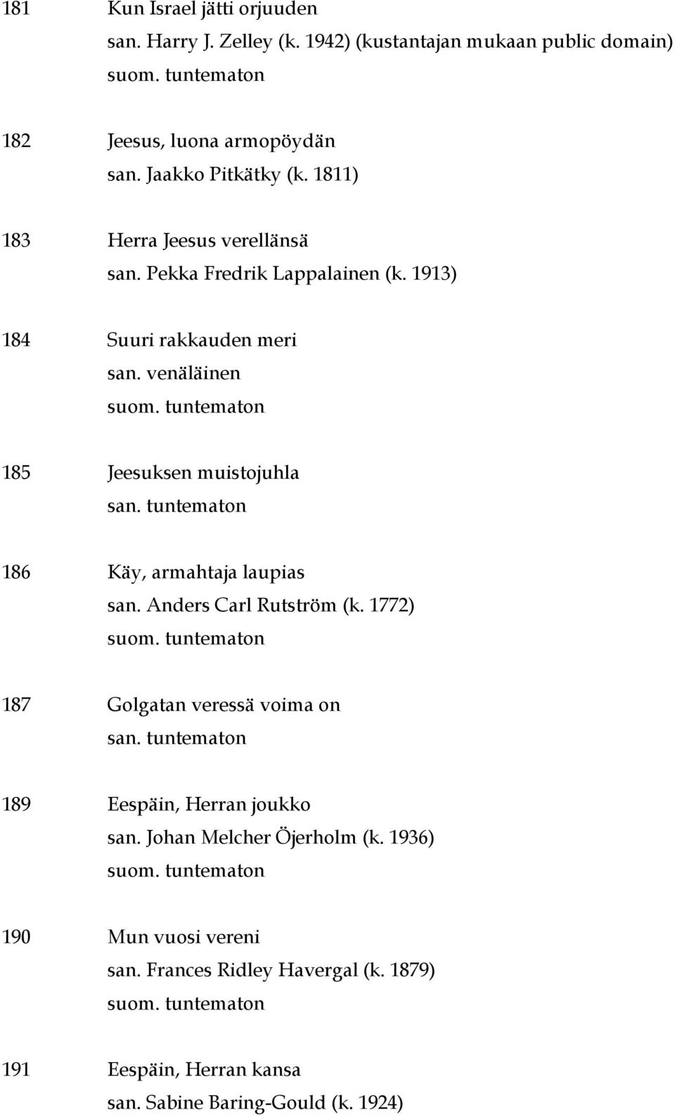 venäläinen 185 Jeesuksen muistojuhla 186 Käy, armahtaja laupias san. Anders Carl Rutström (k.