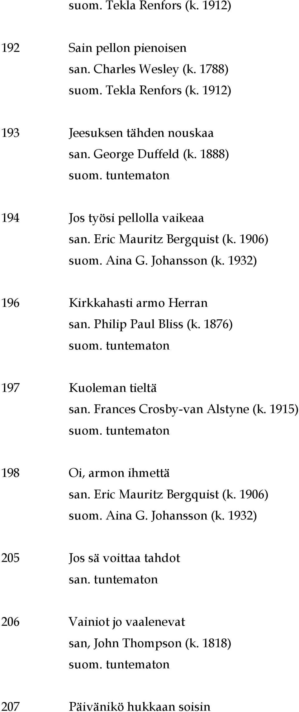 1932) 196 Kirkkahasti armo Herran san. Philip Paul Bliss (k. 1876) 197 Kuoleman tieltä san. Frances Crosby-van Alstyne (k.