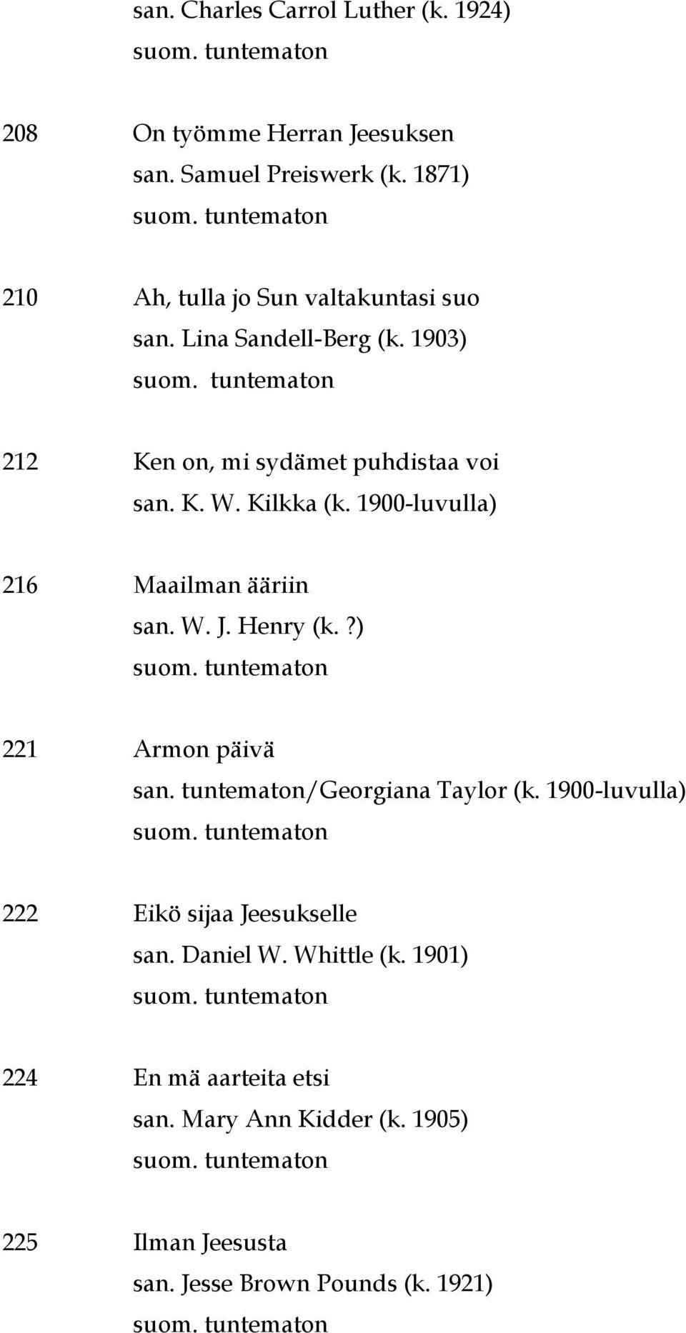 Kilkka (k. 1900-luvulla) 216 Maailman ääriin san. W. J. Henry (k.?) 221 Armon päivä /Georgiana Taylor (k.