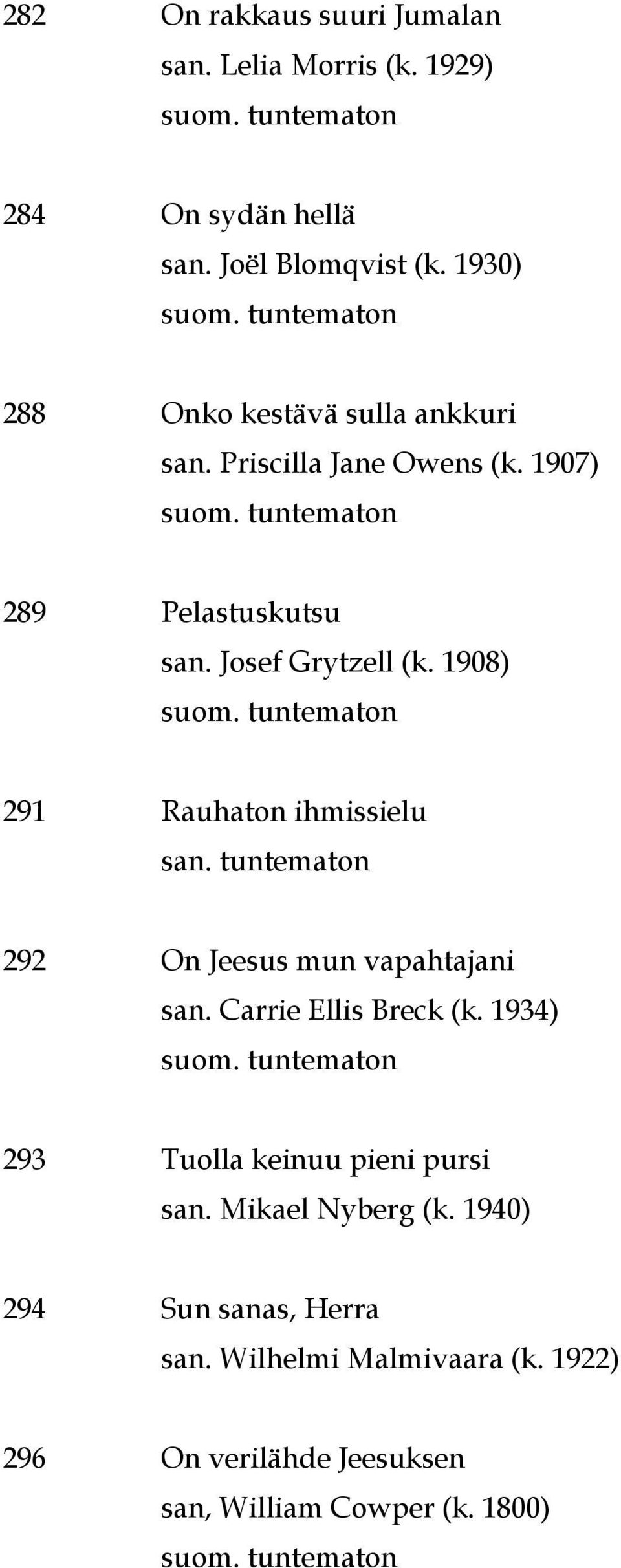 1908) 291 Rauhaton ihmissielu 292 On Jeesus mun vapahtajani san. Carrie Ellis Breck (k.