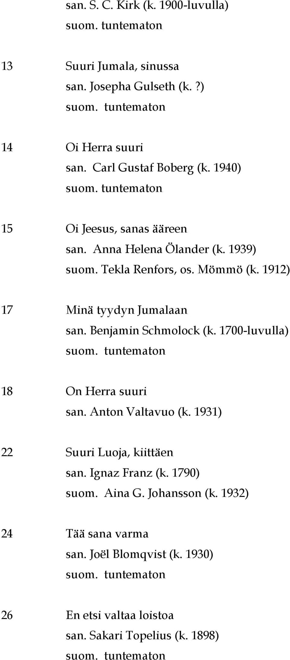 Benjamin Schmolock (k. 1700-luvulla) 18 On Herra suuri san. Anton Valtavuo (k. 1931) 22 Suuri Luoja, kiittäen san. Ignaz Franz (k.