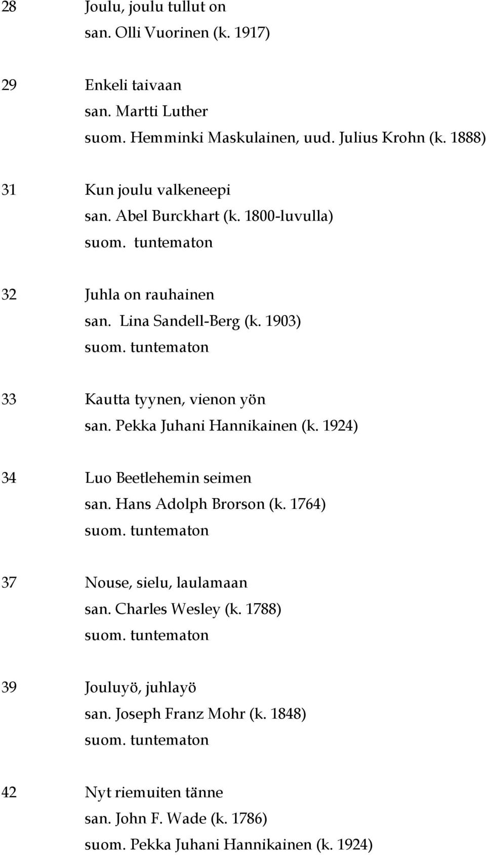 1903) 33 Kautta tyynen, vienon yön san. Pekka Juhani Hannikainen (k. 1924) 34 Luo Beetlehemin seimen san. Hans Adolph Brorson (k.