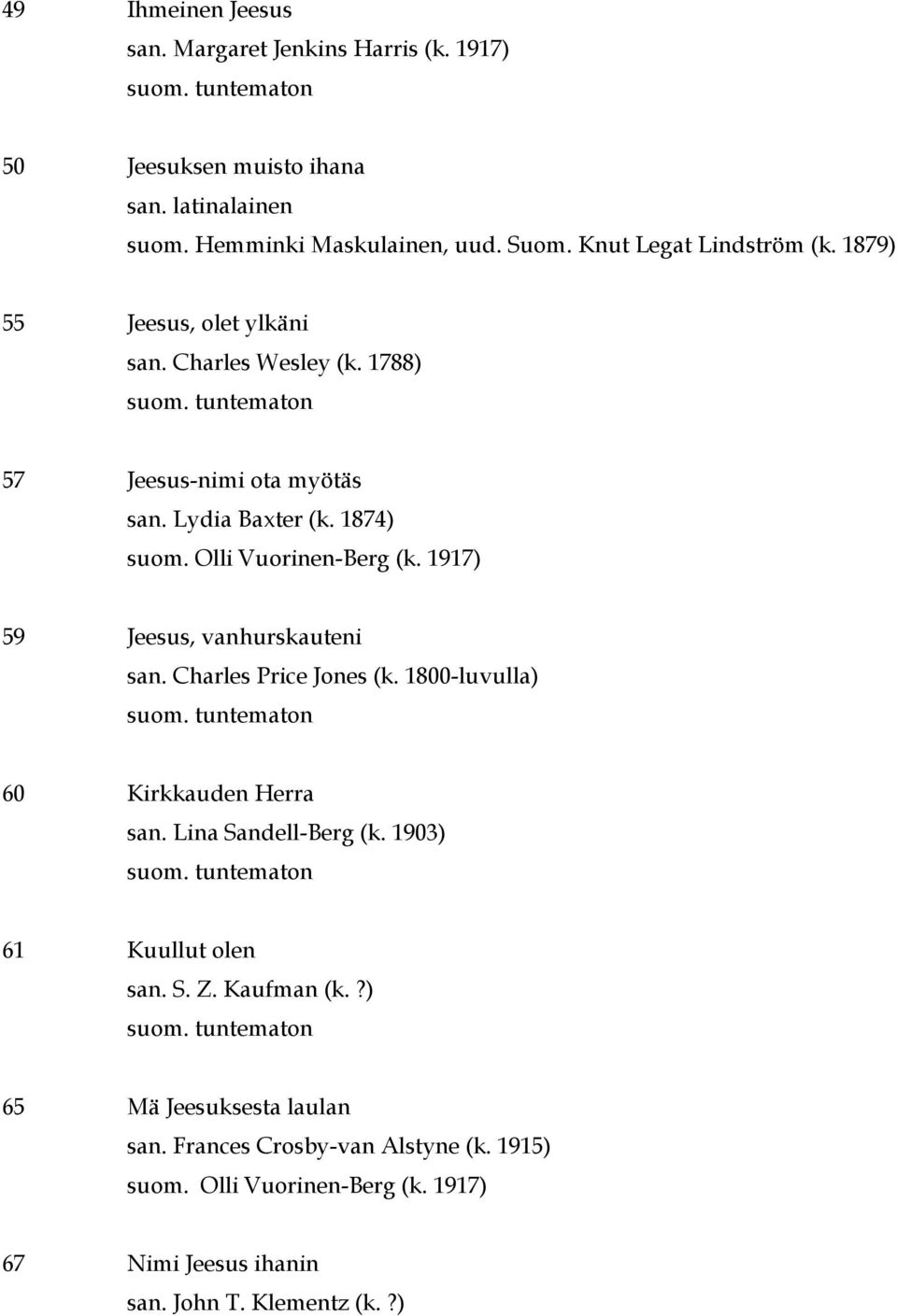 Olli Vuorinen-Berg (k. 1917) 59 Jeesus, vanhurskauteni san. Charles Price Jones (k. 1800-luvulla) 60 Kirkkauden Herra san. Lina Sandell-Berg (k.