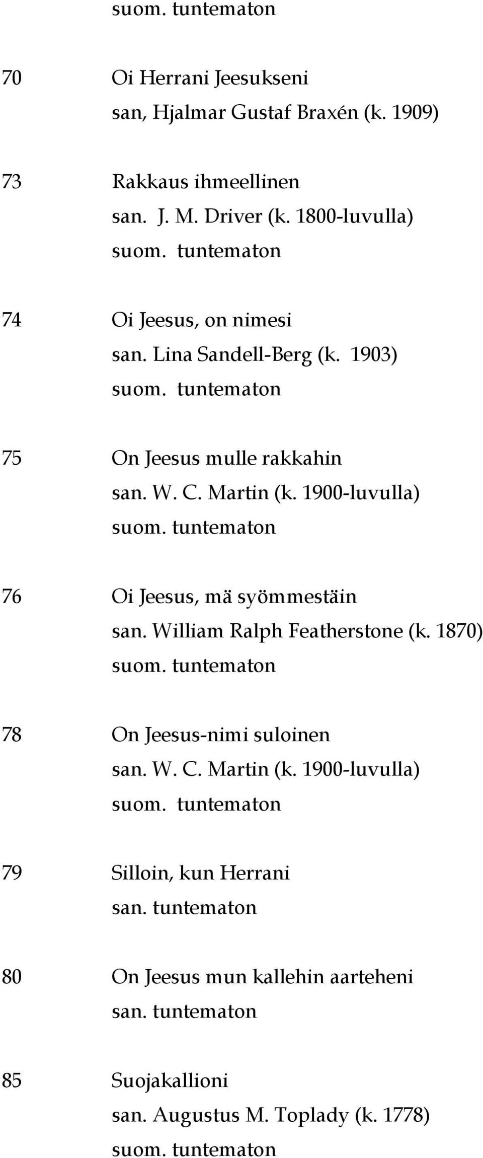 1900-luvulla) 76 Oi Jeesus, mä syömmestäin san. William Ralph Featherstone (k. 1870) 78 On Jeesus-nimi suloinen san. W. C.