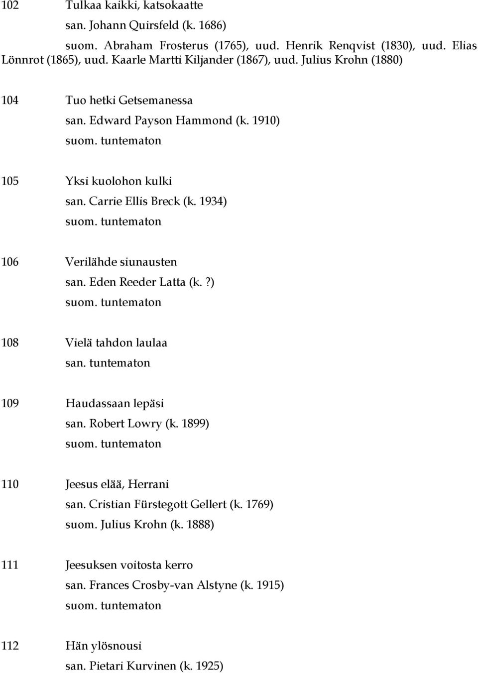 Carrie Ellis Breck (k. 1934) 106 Verilähde siunausten san. Eden Reeder Latta (k.?) 108 Vielä tahdon laulaa 109 Haudassaan lepäsi san. Robert Lowry (k.