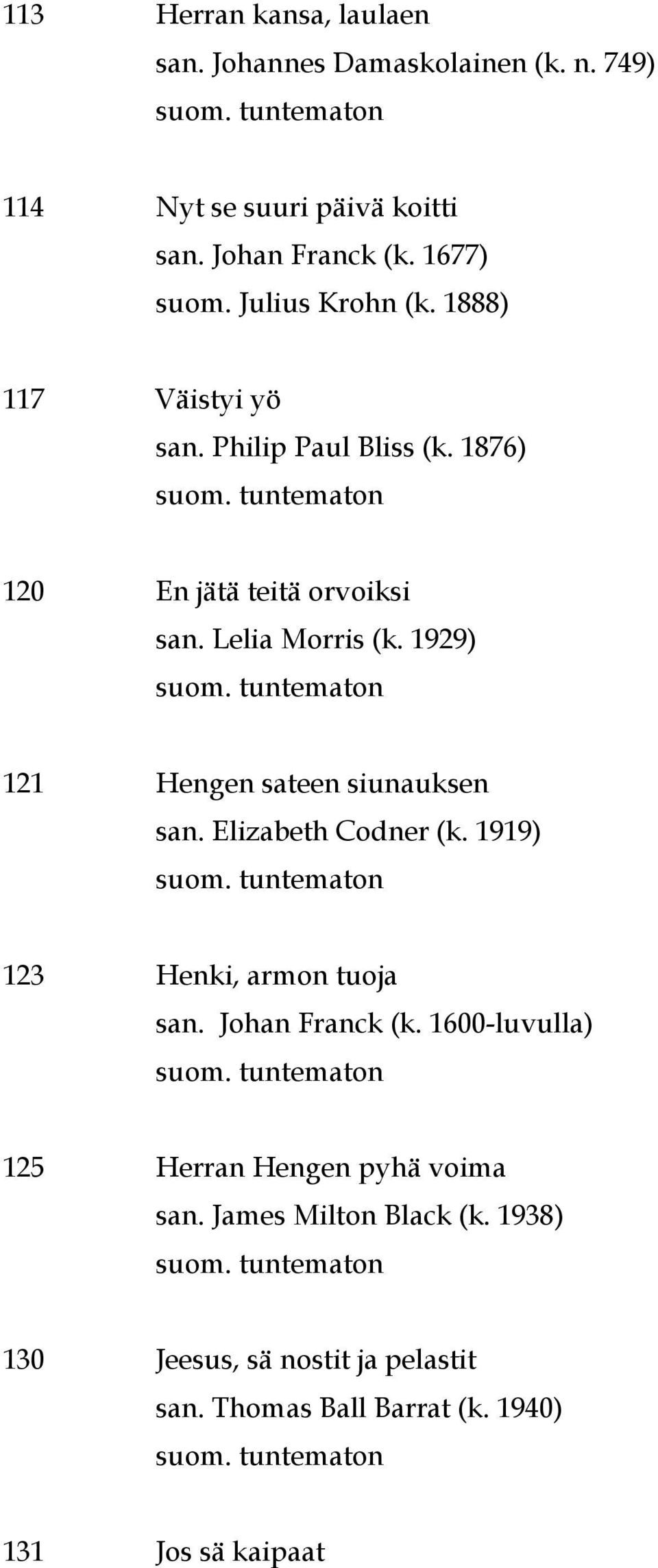 1929) 121 Hengen sateen siunauksen san. Elizabeth Codner (k. 1919) 123 Henki, armon tuoja san. Johan Franck (k.