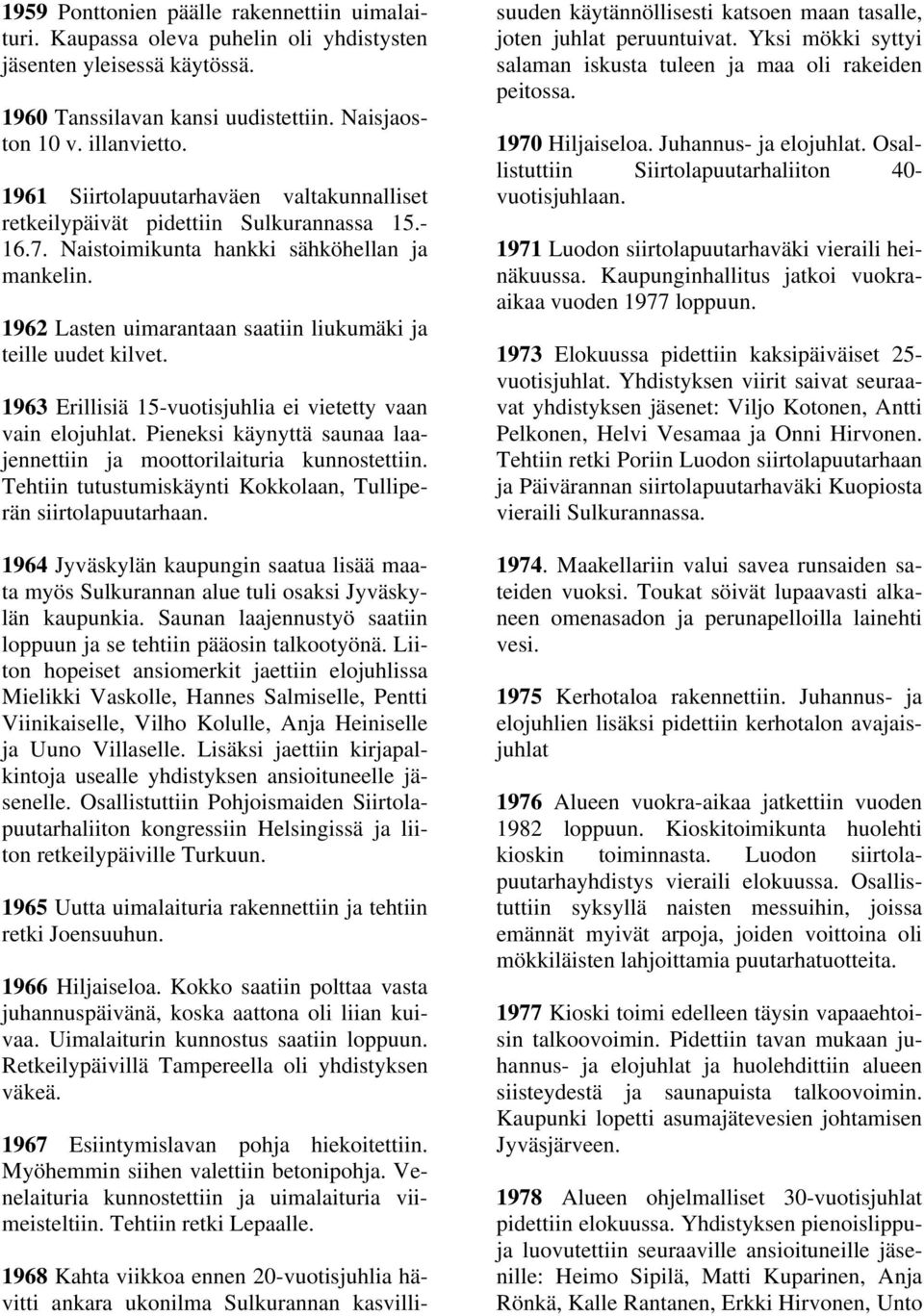 1962 Lasten uimarantaan saatiin liukumäki ja teille uudet kilvet. 1963 Erillisiä 15-vuotisjuhlia ei vietetty vaan vain elojuhlat.