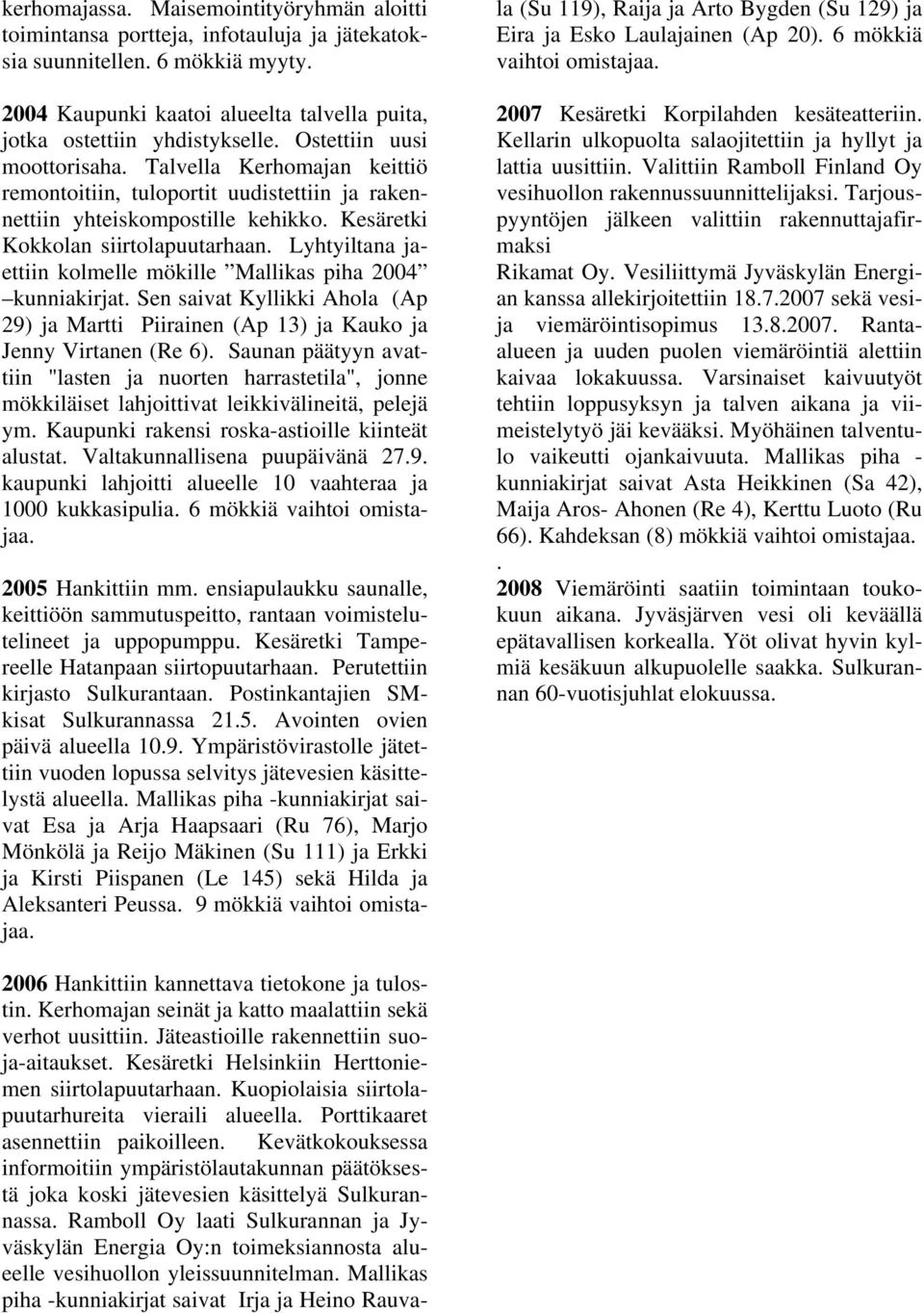 Lyhtyiltana jaettiin kolmelle mökille Mallikas piha 2004 kunniakirjat. Sen saivat Kyllikki Ahola (Ap 29) ja Martti Piirainen (Ap 13) ja Kauko ja Jenny Virtanen (Re 6).