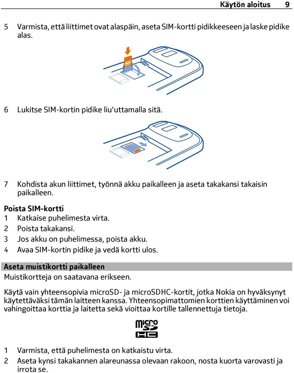 4 Avaa SIM-kortin pidike ja vedä kortti ulos. Aseta muistikortti paikalleen Muistikortteja on saatavana erikseen.