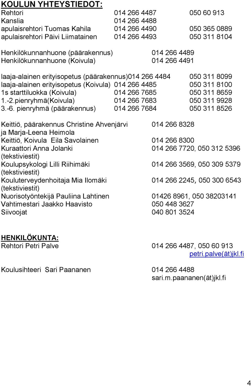 266 4485 050 311 8100 1s starttiluokka (Koivula) 014 266 7685 050 311 8659 1.-2.pienryhmä(Koivula) 014 266 7683 050 311 9928 3.-6.