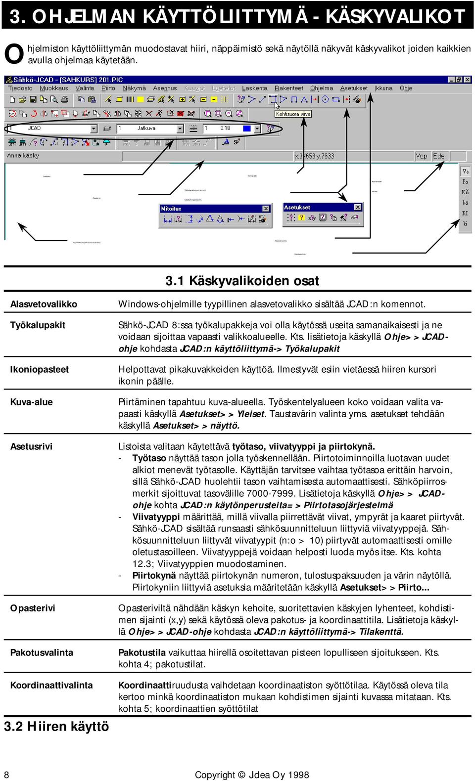 Asetusrivi Ikoniopaste Koordinaattivalinta Opasterivi haluttuihin paikkoihin. Suunnittelu tapahtuu kuva-alueella Alasvetovalikko Pakotusvalinta 3.