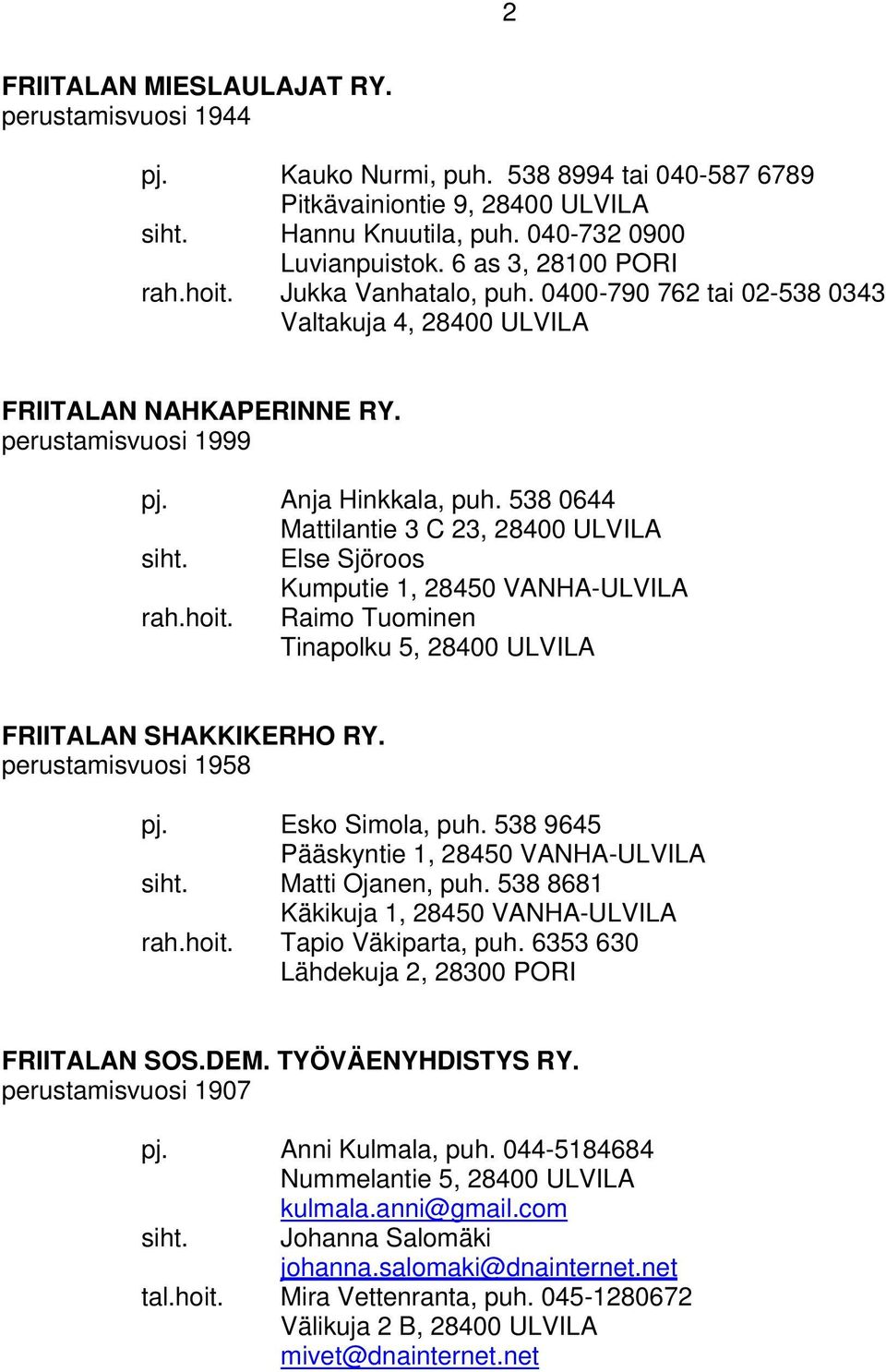 538 0644 Mattilantie 3 C 23, 28400 ULVILA siht. Else Sjöroos Kumputie 1, 28450 VANHA-ULVILA rah.hoit. Raimo Tuominen Tinapolku 5, 28400 ULVILA FRIITALAN SHAKKIKERHO RY. perustamisvuosi 1958 pj.