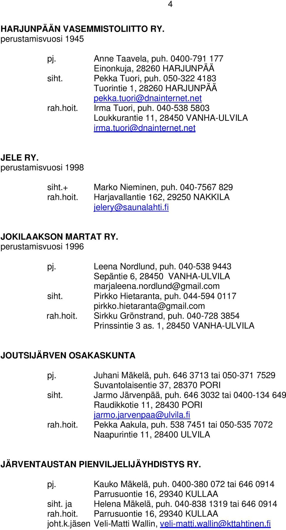 hoit. Harjavallantie 162, 29250 NAKKILA jelery@saunalahti.fi JOKILAAKSON MARTAT RY. perustamisvuosi 1996 pj. Leena Nordlund, puh. 040-538 9443 Sepäntie 6, 28450 VANHA-ULVILA marjaleena.nordlund@gmail.