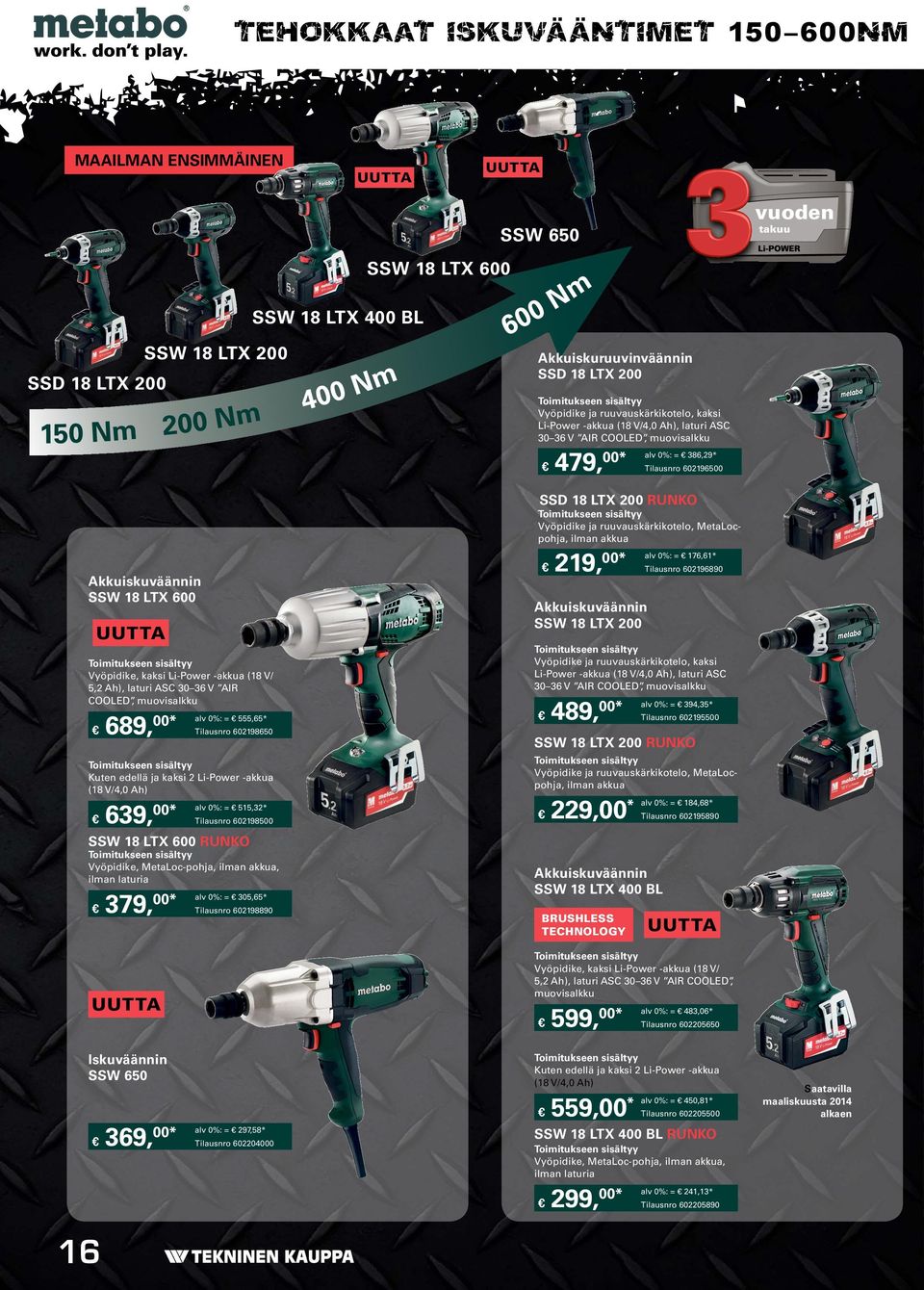 Tilausnro 602198500 SSW 18 LTX 600 RUNKO Vyöpidike, MetaLoc-pohja, ilman akkua, ilman laturia 379, 00* : = 305,65* Tilausnro 602198890 UUTTA Akkuiskuruuvinväännin SSD 18 LTX 200 Vyöpidike ja