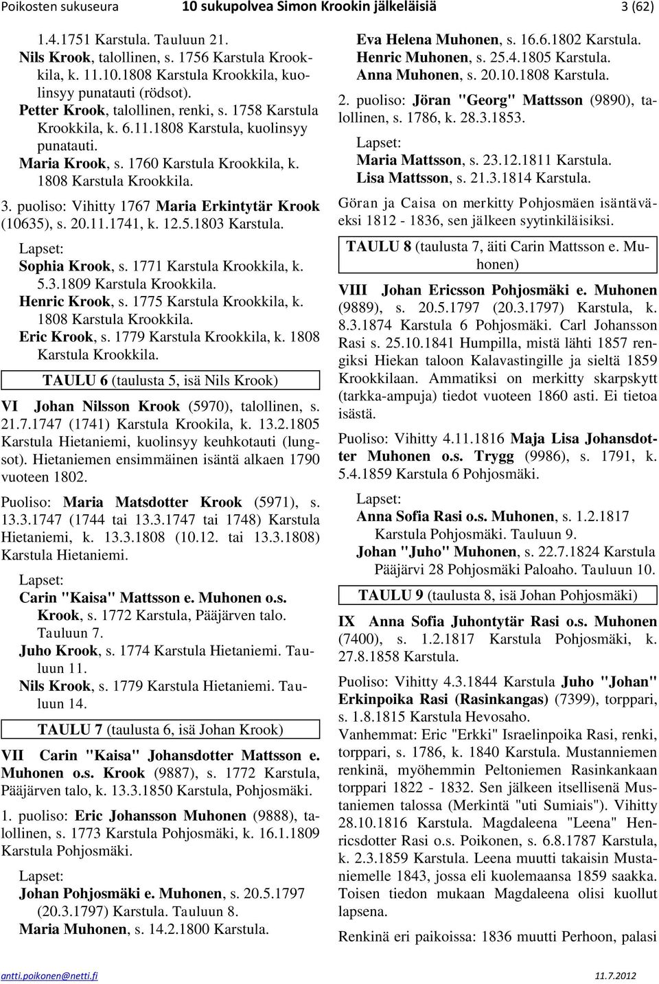 puoliso: Vihitty 1767 Maria Erkintytär Krook (10635), s. 20.11.1741, k. 12.5.1803 Karstula. Sophia Krook, s. 1771 Karstula Krookkila, k. 5.3.1809 Karstula Krookkila. Henric Krook, s.