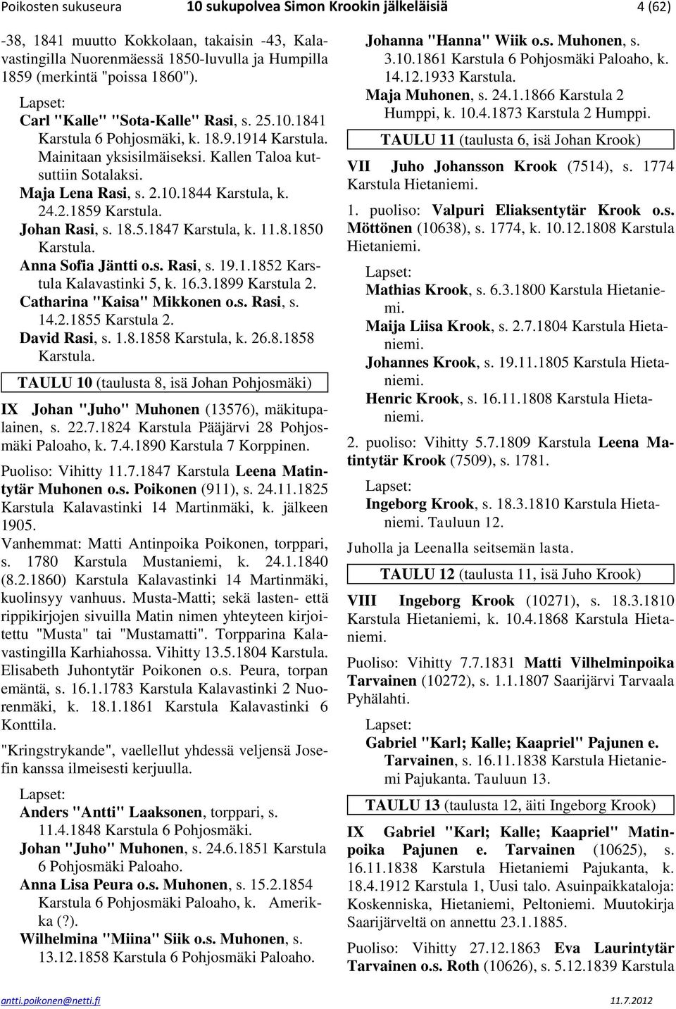 2.1859 Karstula. Johan Rasi, s. 18.5.1847 Karstula, k. 11.8.1850 Karstula. Anna Sofia Jäntti o.s. Rasi, s. 19.1.1852 Karstula Kalavastinki 5, k. 16.3.1899 Karstula 2. Catharina "Kaisa" Mikkonen o.s. Rasi, s. 14.