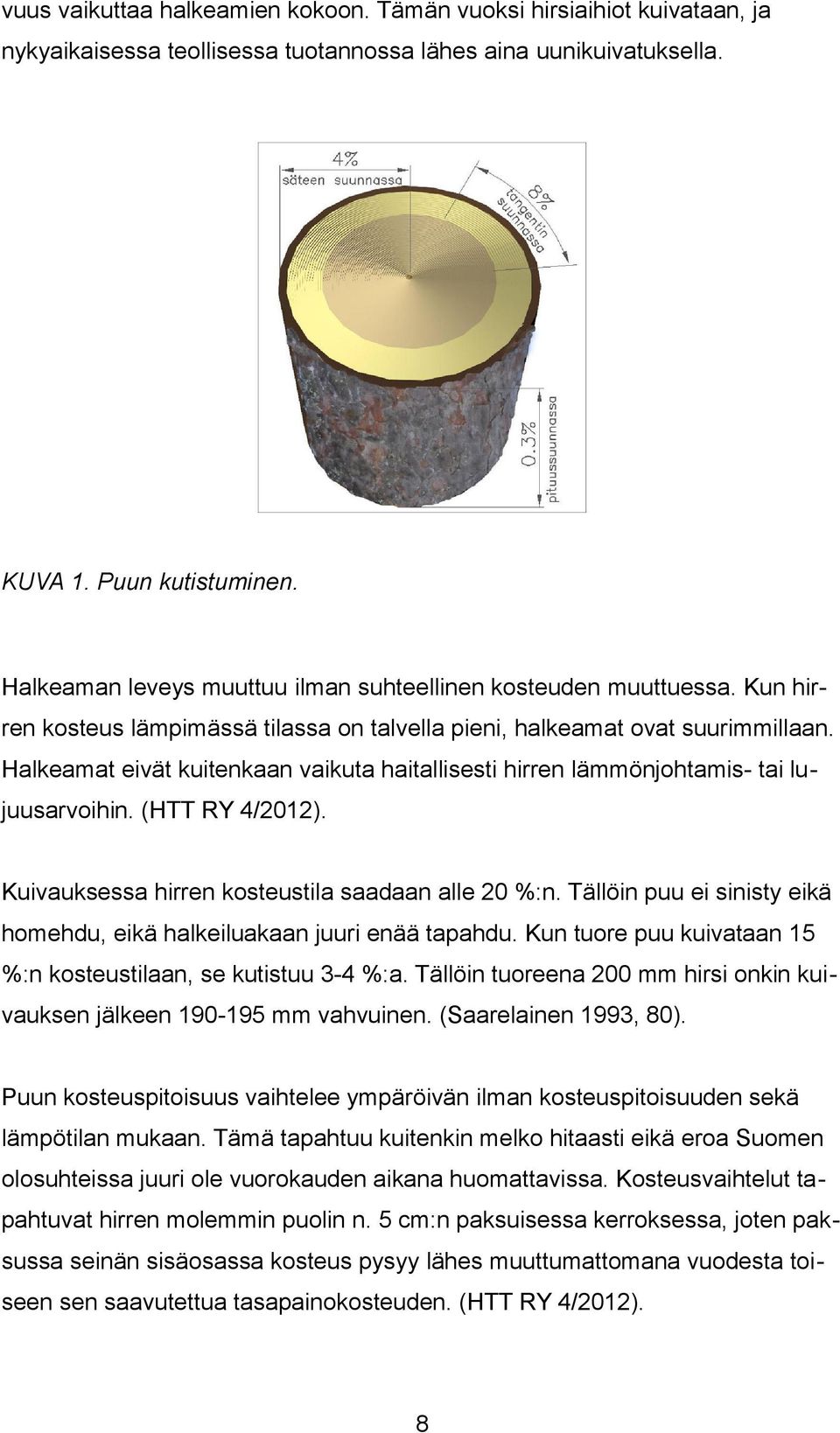 Halkeamat eivät kuitenkaan vaikuta haitallisesti hirren lämmönjohtamis- tai lujuusarvoihin. (HTT RY 4/2012). Kuivauksessa hirren kosteustila saadaan alle 20 %:n.